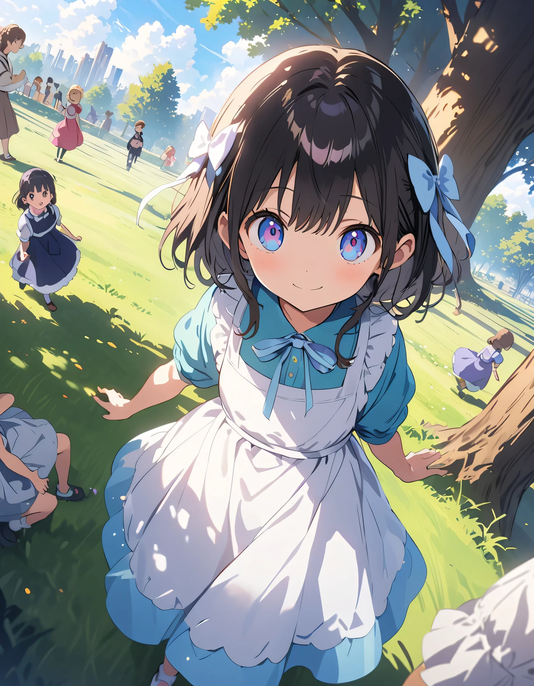 masterpiece, highest quality, ((anime)), 4K,8k,anime style, super fine illustration, highly detailed, dynamic angle, beautiful detailed, 8k, In the park during the day, there's an expansive lawn and tall trees. Children run around, playing with smiles on their faces. Nearby, adults lie down, smiling as they watch over the children,(highest quality、masterpiece、High resolution、detailed)、anime style、Flat Style、(Beautiful Eyes, Delicate and beautiful face, ),   BREAK,、extremely detailed、High saturation,Dynamic Angle、anime