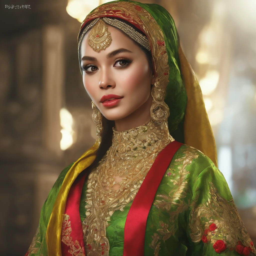 1 beautiful woman, beautiful eyes, beautiful red lips, white skin, wearing a typical Indonesian kebaya dress, bright green dress embroidered with gold thread, thin and soft yellow cloth shawl on her shoulders, hijab style, background, soft yellow light, realistic, uhd,8k