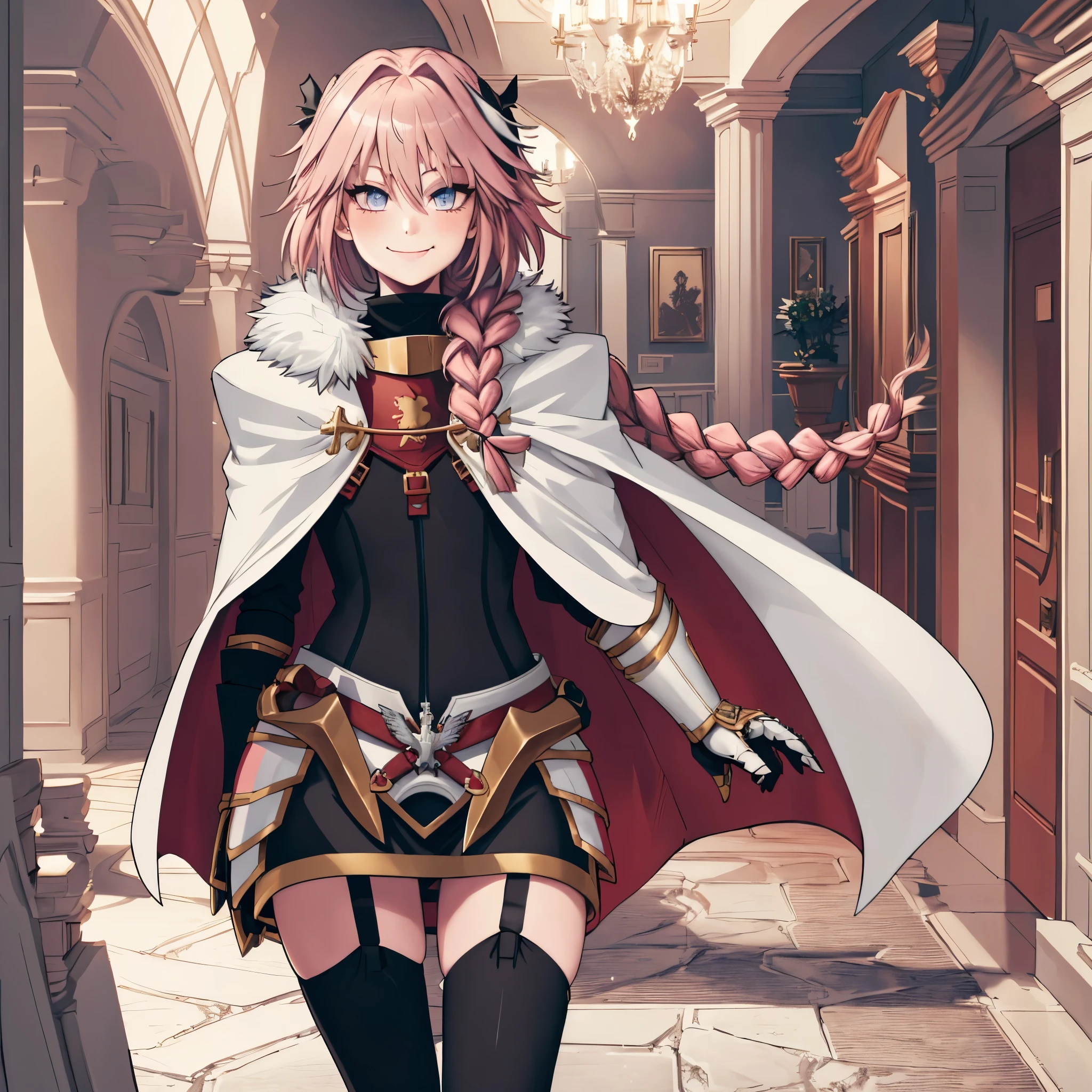 1 girl, (flat chest, perfect face, perfect eyes), (astarmor, single braid, long braid, cape, gauntlets, garter straps, thighhighs, white footwear), (standing, indoors, entrance hallway, smiling), (high res, ultra sharp, 8K, masterpiece, perfect lighting, best quality, ultra detailed)