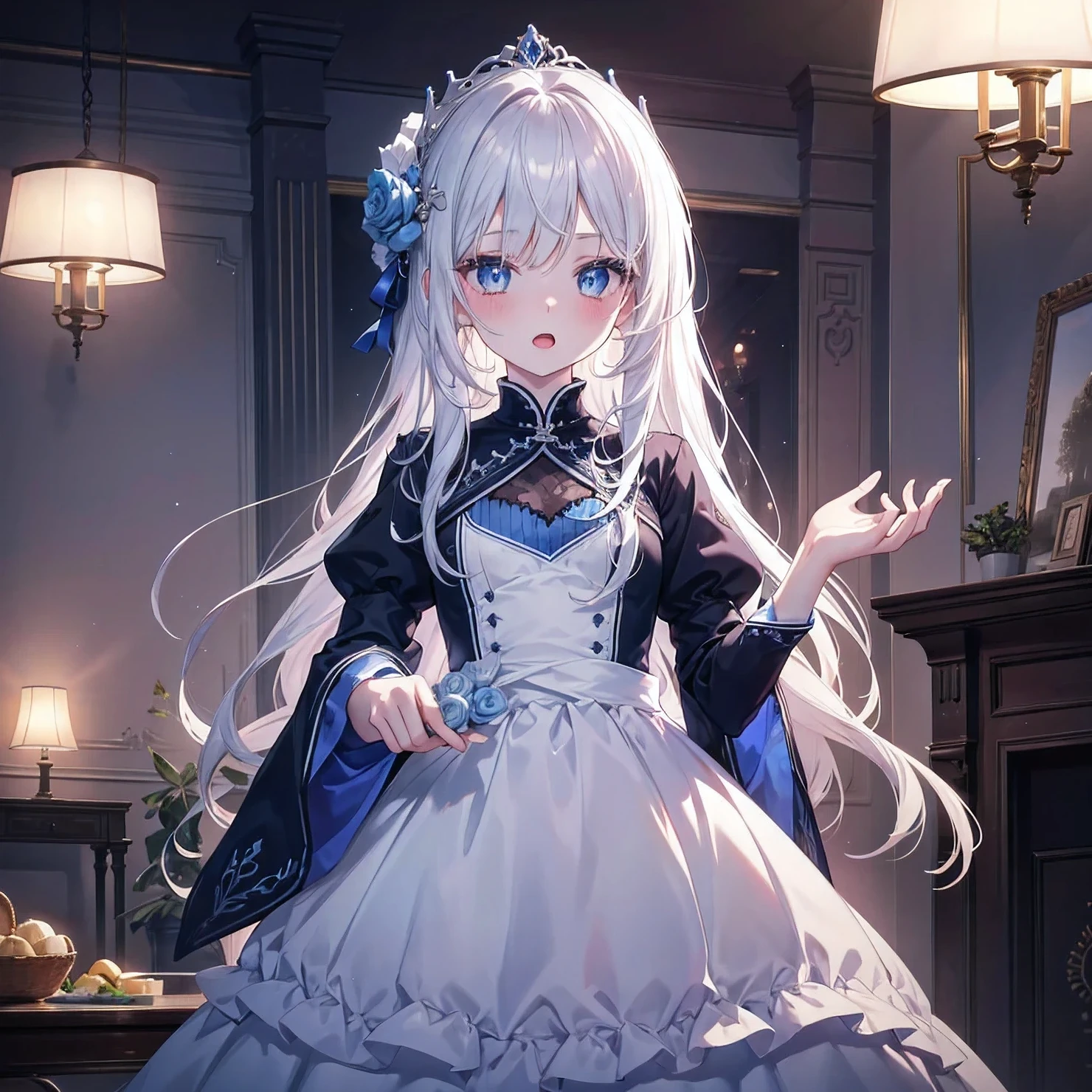 On the table, best quality, (Perfect face:1.1), (High Detail:1.1), (Ultra-fine eyes), dramatic, Beautiful illustrations, Extremely detailed, 1 Girl,ager, (Pale skin), Long white hair, Ethereal eyes, blue eyes,blush,Solitary,Micro lol, Happy, lol, enjoy, open mouth, Pursed lips,Movie Lighting, Looking at the audience,Cowboy shooting,Long sleeve,Blue Princess Dress,indoor,night,Living room
