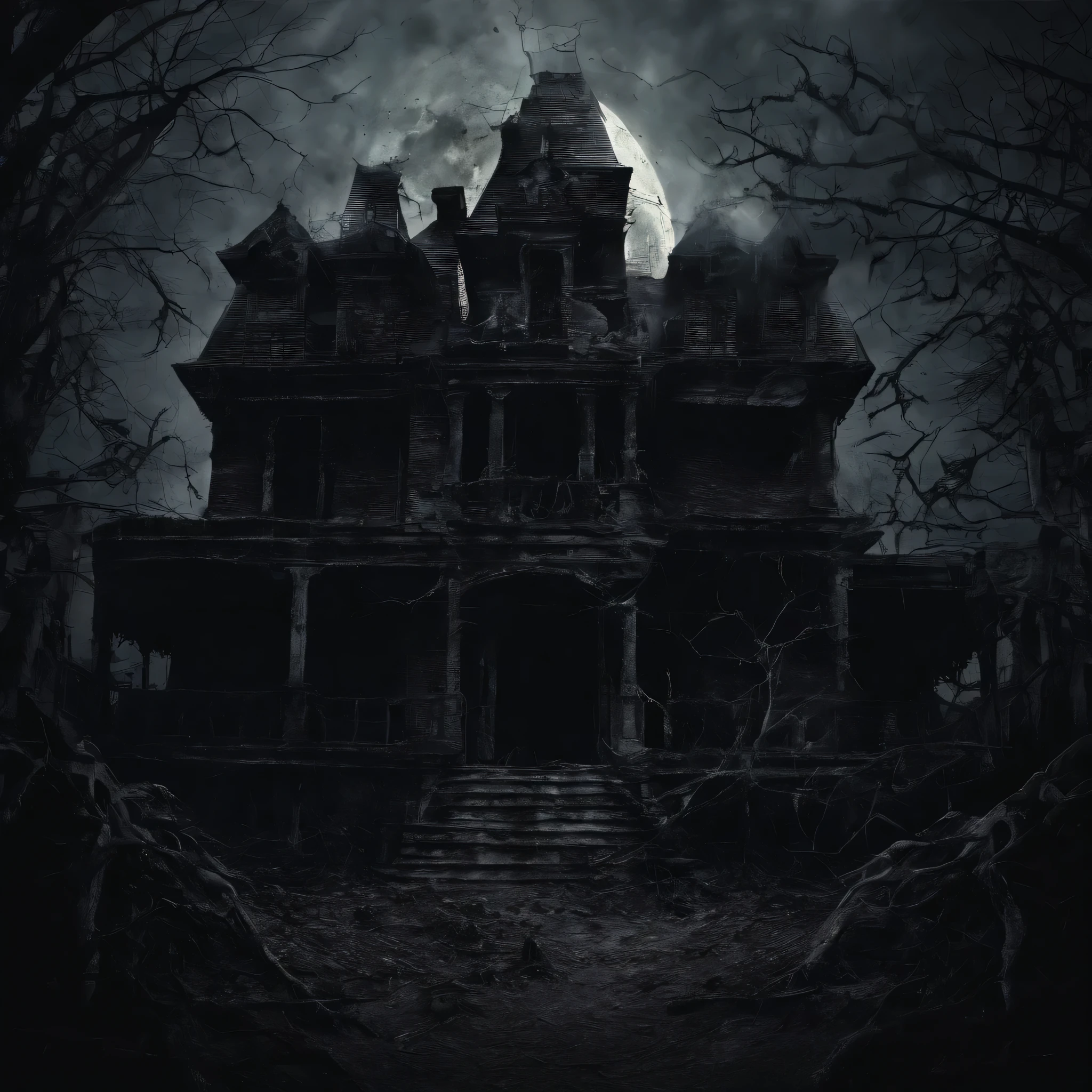 (Night view), fear, Haunted, Corpse, skull, Images of Hell, Necrotic bacteria, Image style, Practical, shadow, HD, high quality, Movie