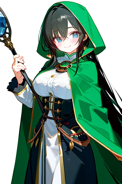 Cute Girl,Dark Green Hair,Dark blue eyes,Very long straight hair,Cape,smile,Holding a cane in your hand,Slightly large breasts,Looking at the Viewer,White background