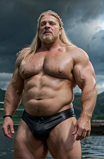 A very long blonde and gray haired Viking warrior with no shirt A full body obese bodybuilder with a very sweaty body An extremely muscular and extremely fat old man over 70 years old weighing over 600 pounds Very muscular very hairy with large pecs with nipples dark and gynecomastia in a landscape of a Norwegian fjord with a stormy sky in the rain wearing a bearskin and leather skirt