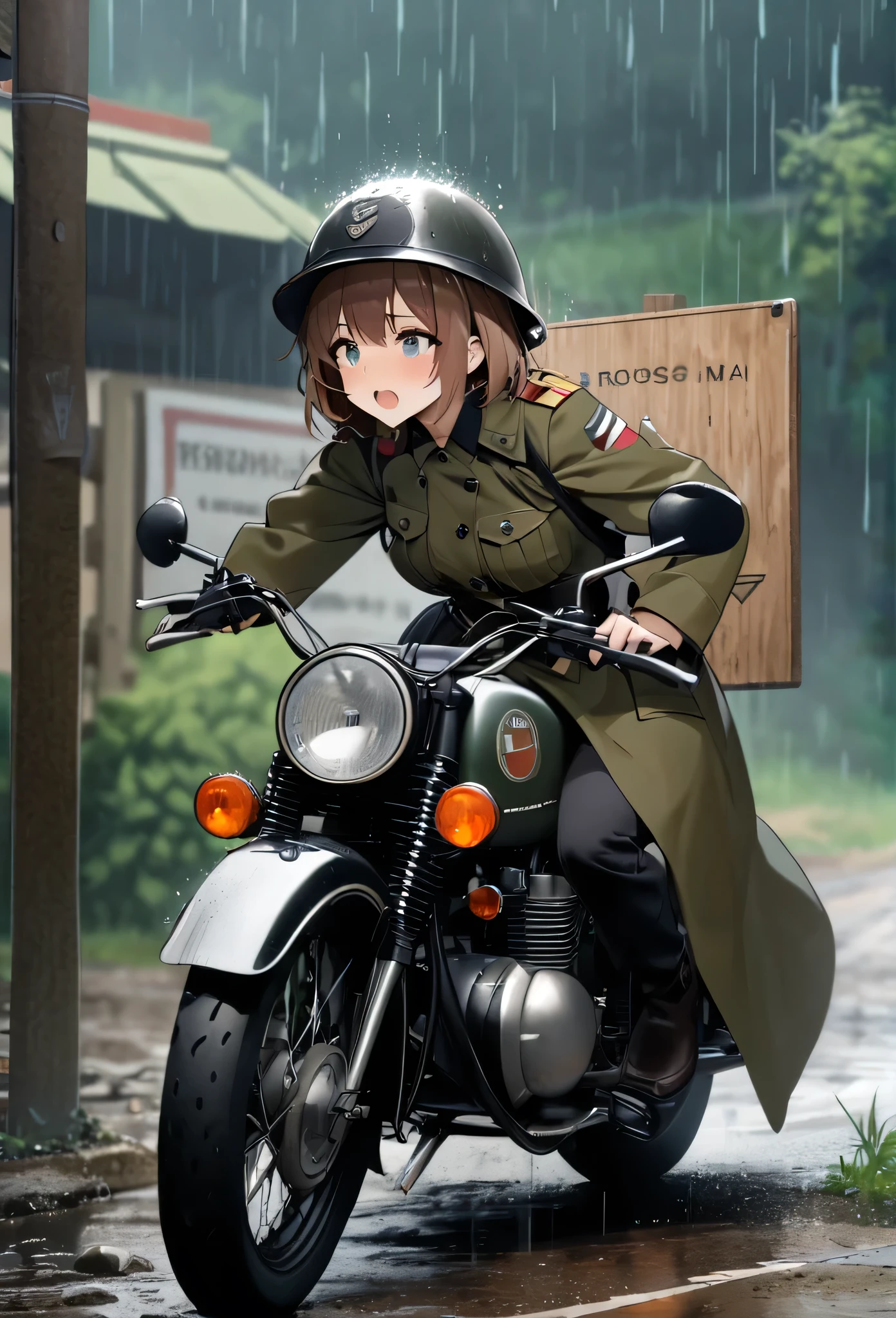 High quality, high definition images, full HD、8k.1 girl solo.old german military uniform,short hair,wear a german military helmet,chestnut hair,
drive a old military motorcycle,military raincoat,It's raining a lot, he's carrying a bayonet on his back, rural crossroads,old wayfinding sign,looking at the signboard