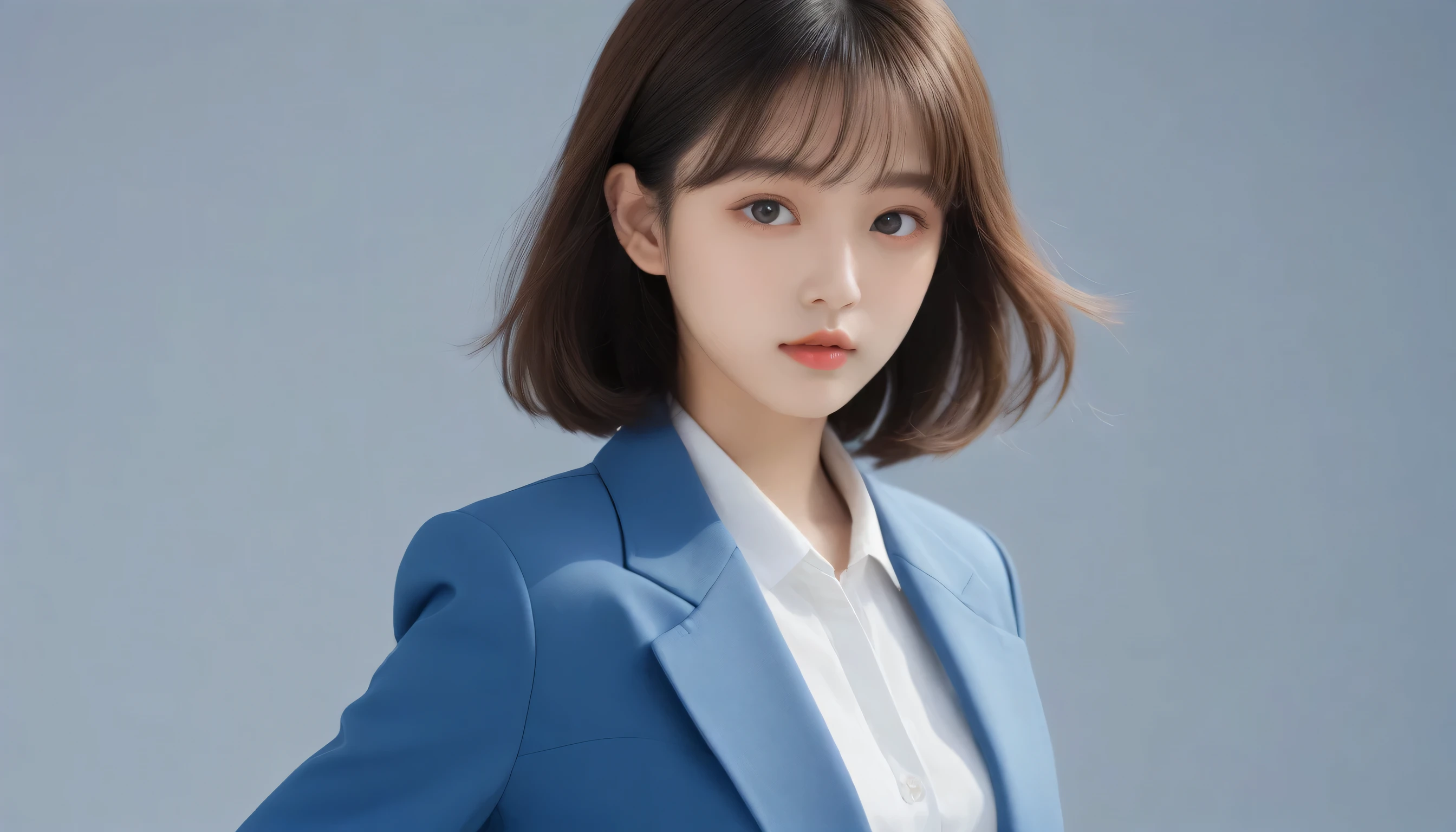 8K, Ultra-high resolution, highest quality, masterpiece, Surreal, photograph,Three-part method, 1 girl, (16 years old:1.3), pretty girl, Cute face, Beautiful eyes in every detail,Japanese high school girledium Bob,Blazer uniform、((Thin legs))、Bold Pose,super cute super model、Please look closely at the camera 、Vivid details、detailed、Surreal、Light and shadow,Strong light,Fashion magazine cover,Thin lips