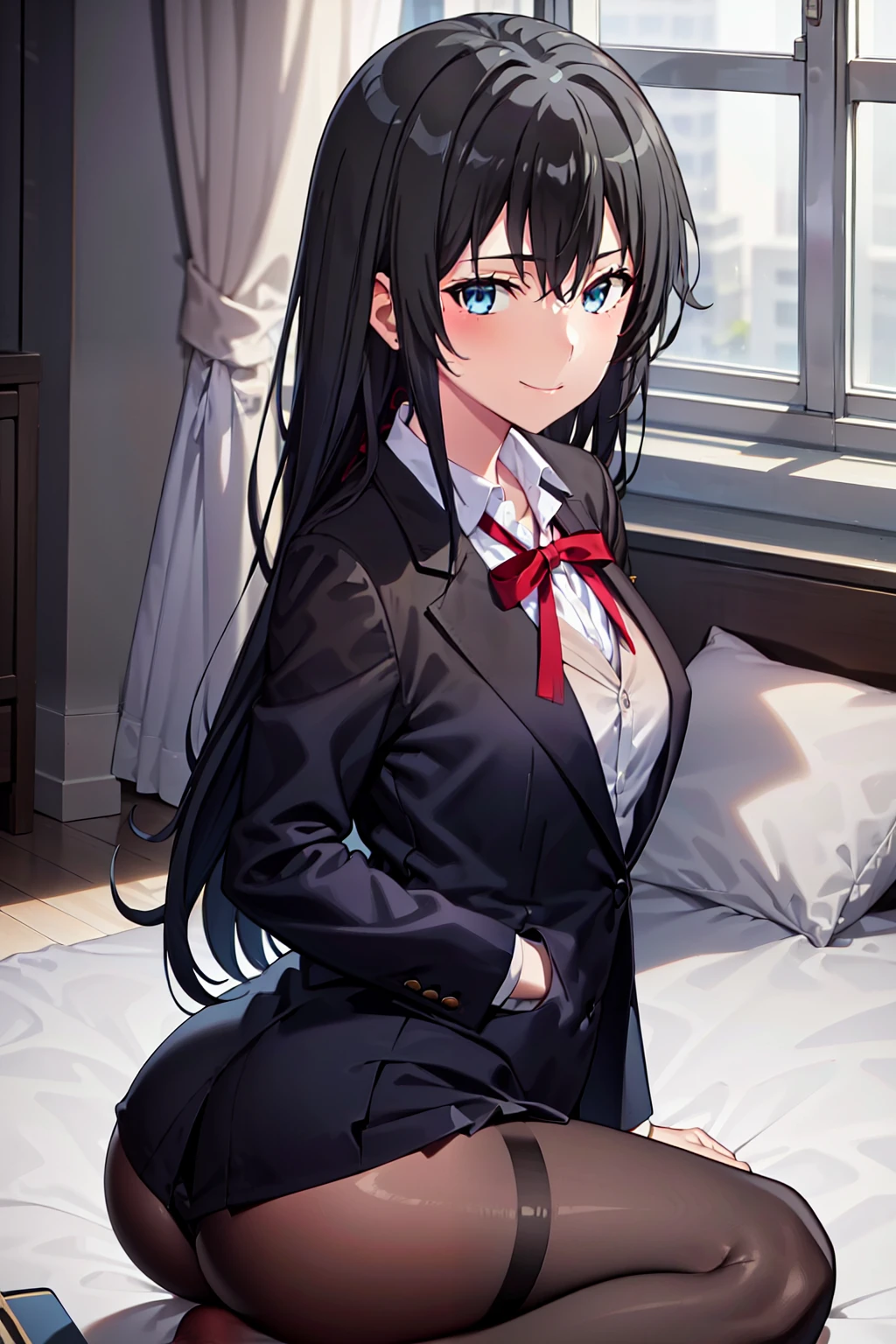 8K Photograph, FULL HDR,1girl, Yukinoshita Yukino, Thicc ass, Laying on bed, long hair , looking at the camera, wearing tight formal clothes, smile, black coat