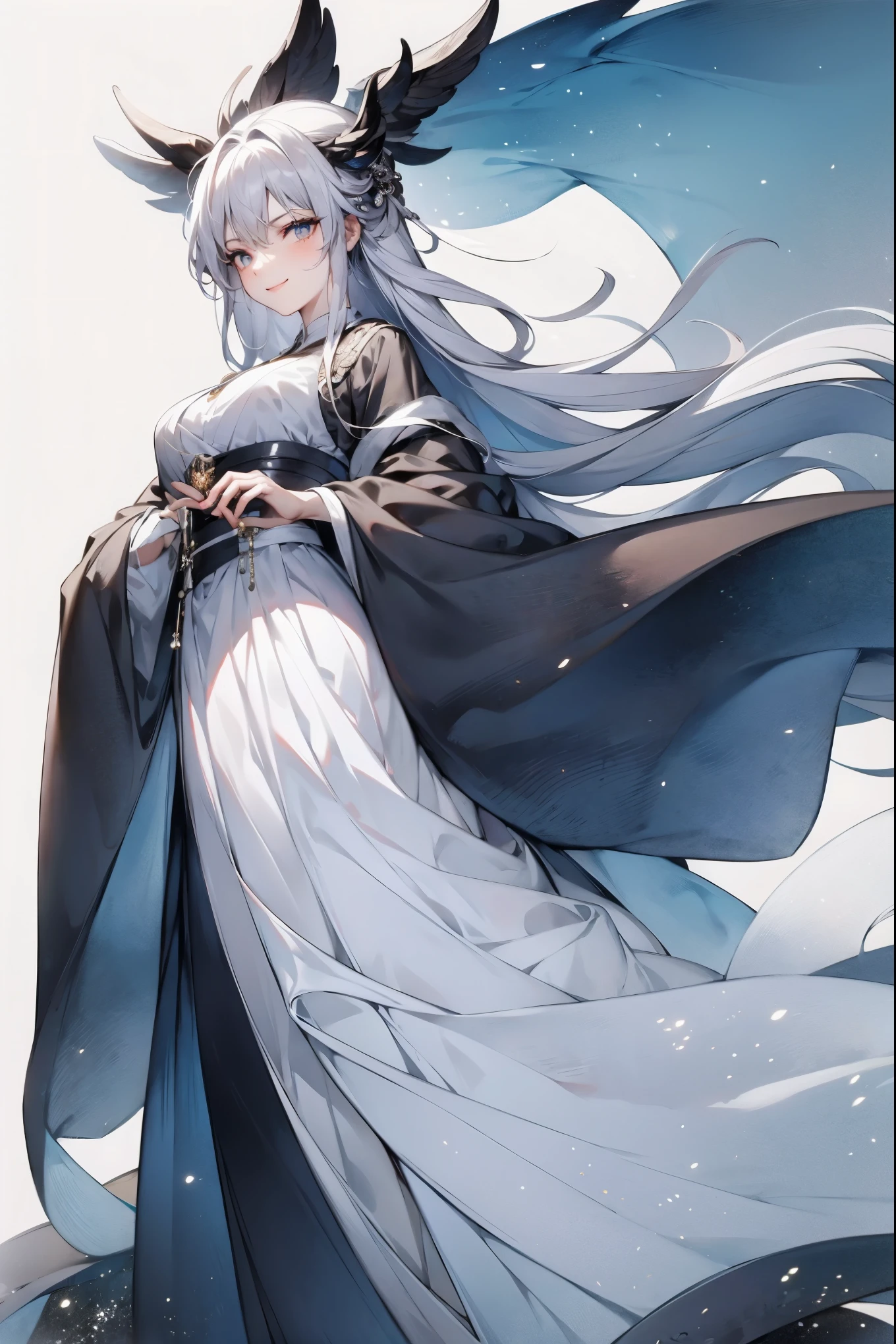 (masterpiece)，(Highest quality)，(Best details)，(High Definition)，(Beautiful works)，(Full body picture)，Chinese fantasy style，1girl,((white hair))，Black eyes，((White clothes))，(((Villain image))),((Beautiful clear eyes)),(Sinister smile),((Simple plain white background))