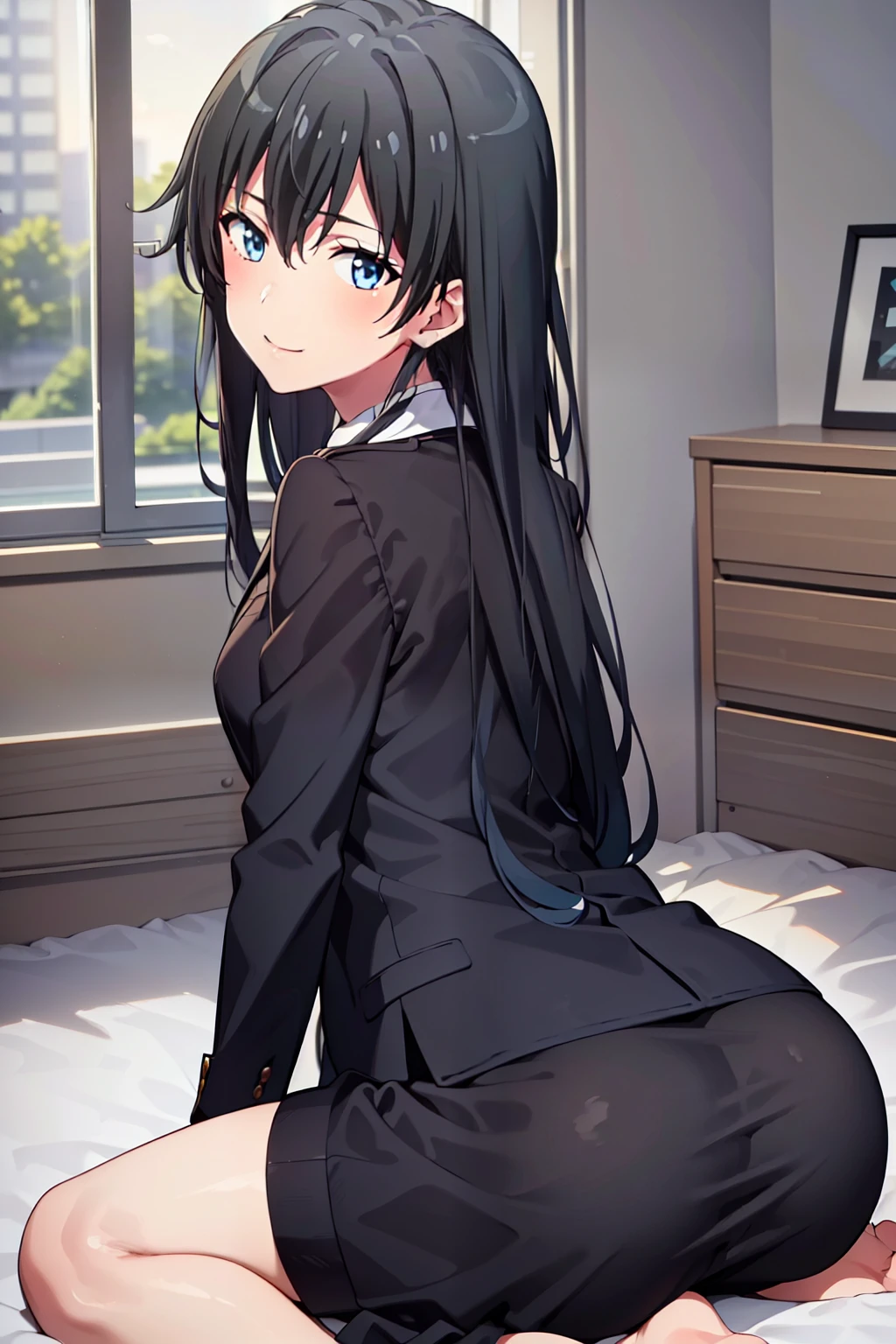 8K Photograph, FULL HDR,1girl, Yukinoshita Yukino, Thicc ass,((LAYING DOWN ON BED)), long hair , looking at the camera, wearing tight formal clothes, smile, black coat