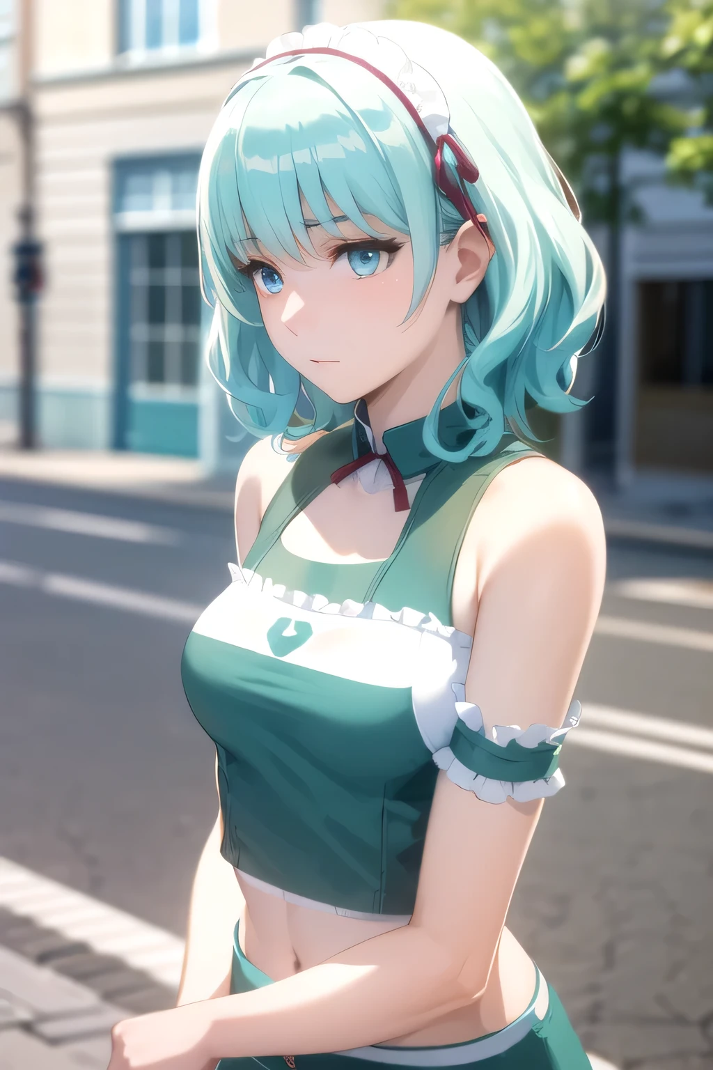 photorealistic, (4k), (upper body), depth of field, (Masterpiece), (realistic skin texture), highly detailed, intricate, highly detailed, (upper body), professional photography, bokeh, high resolution, sharp details, best quality, girl, aqua hair, medium hair, blue eyes,(((white top tank,green shorts))) frills, 