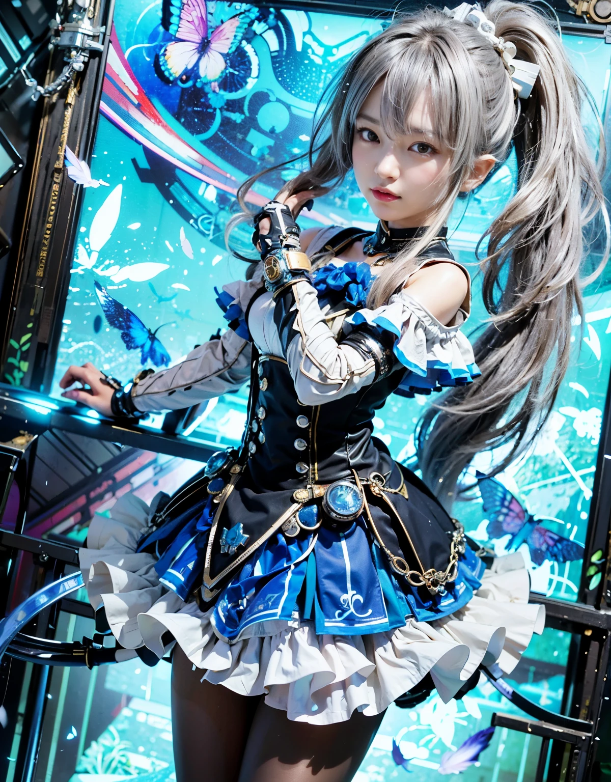 Masterpiece, (ultimate quality:1.2), 8k, Japanese woman in turtle-type powered suit, silver base with yellow and black accents, very beautiful face, mechanical, (mechanical bat wings), jet pack, hydraulic cylinder, power pipe, ultimately intricate details, full body shot, (ultimate photo Realistic:1.37), future metropolis at night, (Steampunk: 1.2), (Cyberpunk), Full body photo, Wide-angle shot
