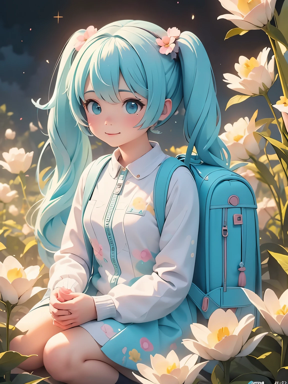 (masterpiece、highest quality、highest quality、Official Art、Beautiful and beautiful:1.2)、(One girl:1.3)Hatsune Miku、Twin tails,Beautiful breasts,Tips: A very attractive woman with a backpack and an adorable puppy、Enjoying a lovely spring outing surrounded by beautiful yellow flowers and nature。. This illustration is、Highly detailed illustrations in 4K resolution with highly detailed facial features and cartoon-style visuals。.