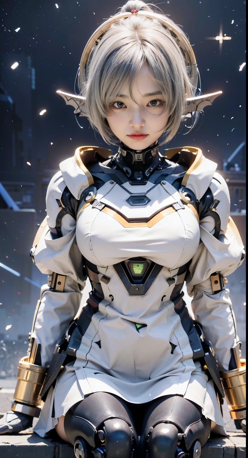 Masterpiece, (ultimate quality:1.2), 8k, Japanese woman in turtle-type powered suit, silver base with yellow and black accents, very beautiful face, mechanical, (mechanical bat wings), jet pack, hydraulic cylinder, power pipe, ultimately intricate details, full body shot, (ultimate photo Realistic:1.37), future metropolis at night, (Steampunk: 1.2), (Cyberpunk), Full body photo, Wide-angle shot