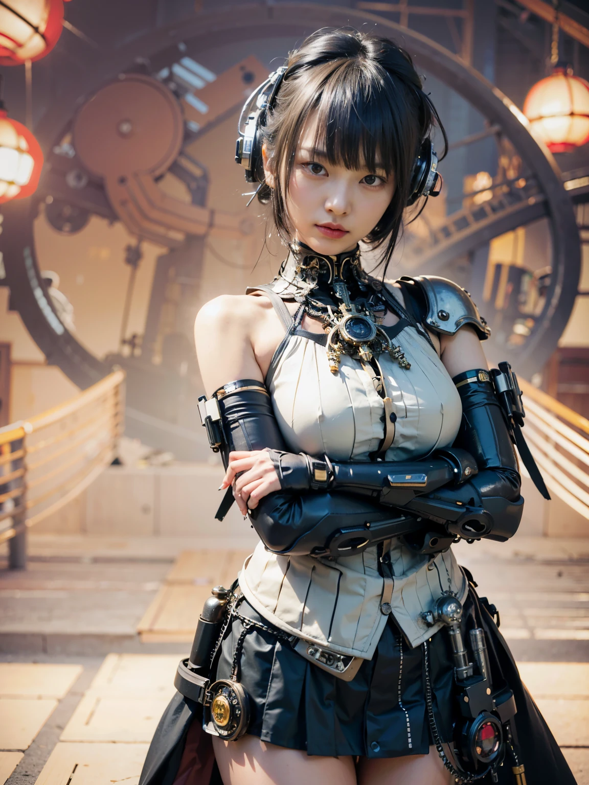 Masterpiece, (ultimate quality:1.2), 8k, Japanese woman in turtle-type powered suit, silver base with yellow and black accents, very beautiful face, mechanical, (mechanical bat wings), jet pack, hydraulic cylinder, power pipe, ultimately intricate details, full body shot, (ultimate photo Realistic:1.37), future metropolis at night, (Steampunk: 1.2), (Cyberpunk), Full body photo, Wide-angle shot