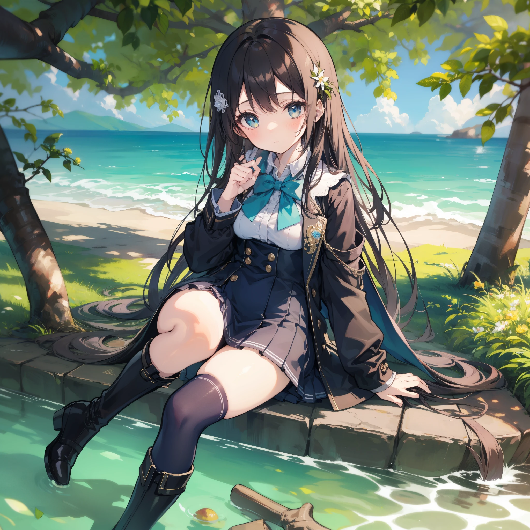 rating:safe, flower, boots, thighhighs, 1girl, sitting, long_hair, solo, blush, grass, brown_hair, hair_flower, blue_eyes, braid, outdoors, black_legwear, hair_ornament, knee_boots, skirt, tree, long_sleeves, brown_footwear, nature, looking_at_viewer, black_footwear, white_flower, bow, very_long_hair, bowtie, day, on_ground, eyebrows_visible_through_hair, water, bangs