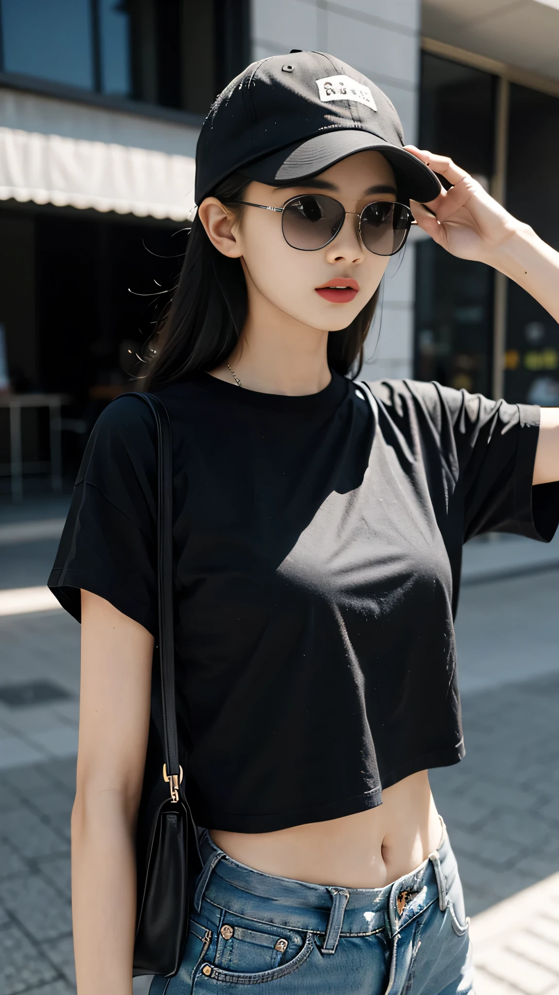 Girl in oversize t-shirt  and short for photo、oversize t-shirt、bra very、Slim body、Moderately bust、Slim girl model、18-year-old female model、Wearing black sunglasses and a cap