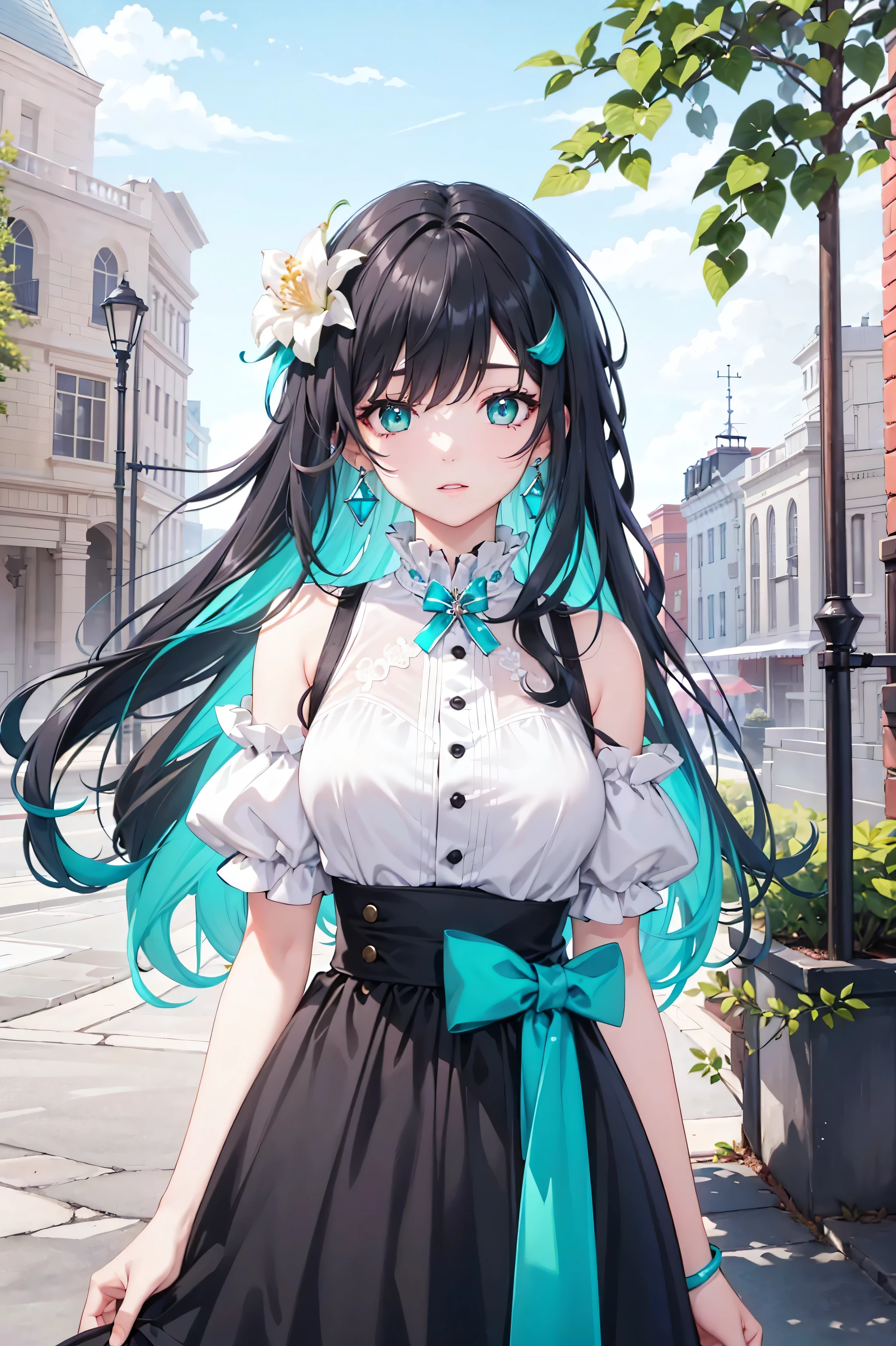 masterpiece,best quality,official art, extremely detailed CG unity 8k wallpaper,highly detailed,absurdres,8k resolution,Depth of field,exquisite facial features,prefect face,shiny skin,dark hairstanding,white skin,cowboy shot,perfect face,perfect eyes,perfect quality,(((one girl))), gradient_hair,
((Green hair highlights)),((Green hair highlights)),woman,Shoulder-length hair,Gradient hair,Black hair,Cyan eyes,((Teal highlights)),((Teal hair highlights)),Black hair,Shut up,Gradient Eyes,Seven-point lens,White skin,magic,Seven-point lens,Black hair roots,Black hair roots,Black hair,Exquisite facial features,Waist-length hair,