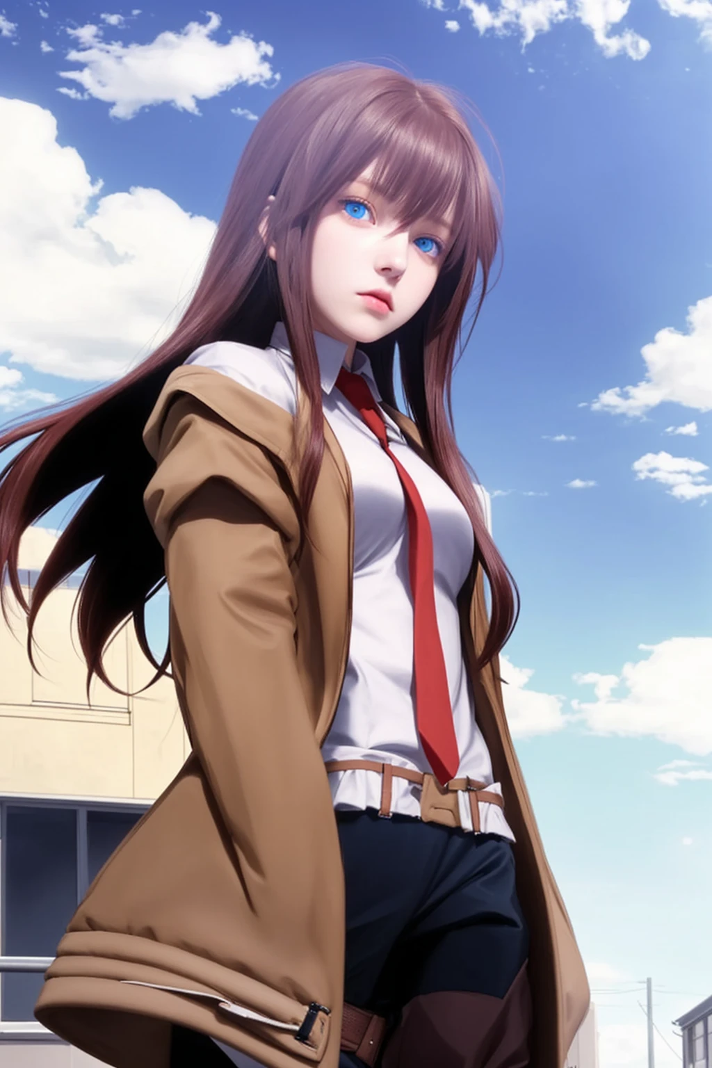 girl with red long hair, light blue eyes, brown jacket