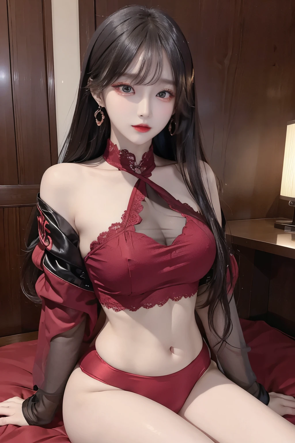 Top image quality、Raw photography、A high resolution、20-year-old cool Korean、big round chest、silk jacket、sexy red lace underwear、Beautiful Eyes of Details、very elongated eyes、Beautiful eyelashes、Beautiful double eyelids、eyeshadows、long legs,medium thighs, beautiful eyes finely detailed、elongated eyes、long eyeslashes、Beautiful double eyelids、eyeshadows、earrings、shiny skin、 1 girl, solo, chuppy girl,