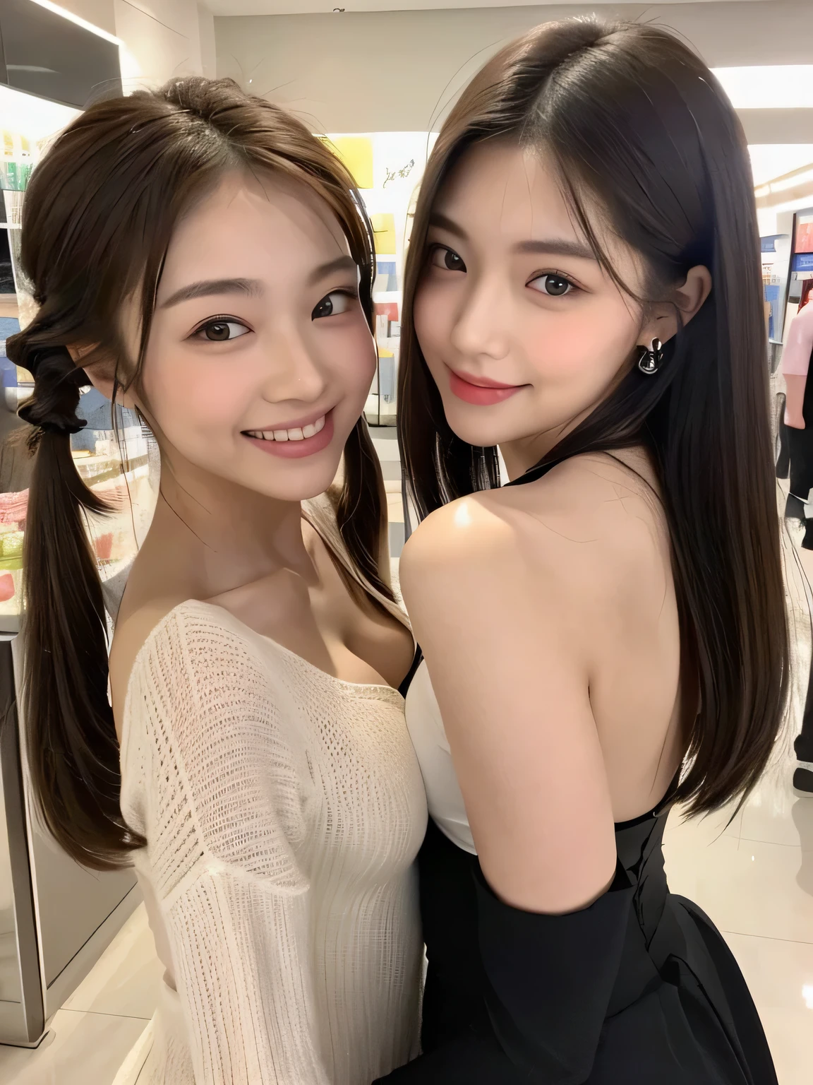 Two people、Smiling while shopping、fun、、whole body、slender、woman、White drool coming out of the mouth、Short hair, fair skin,Twin tails,、Super cute、Soft and Face、Brown Hair、8k resolution、Surreal、Ultra high definition、 Soft Body Tight Ass Night、A-cup small breasts((Highest resolution、8k、masterpiece:1.3))、Ultra-fine face、Ultra Fine Lips、Beautiful Eyes、double eyelid,Girls' High 、Navy blue lender body type、I can see your thighs、Shapely small breasts、
