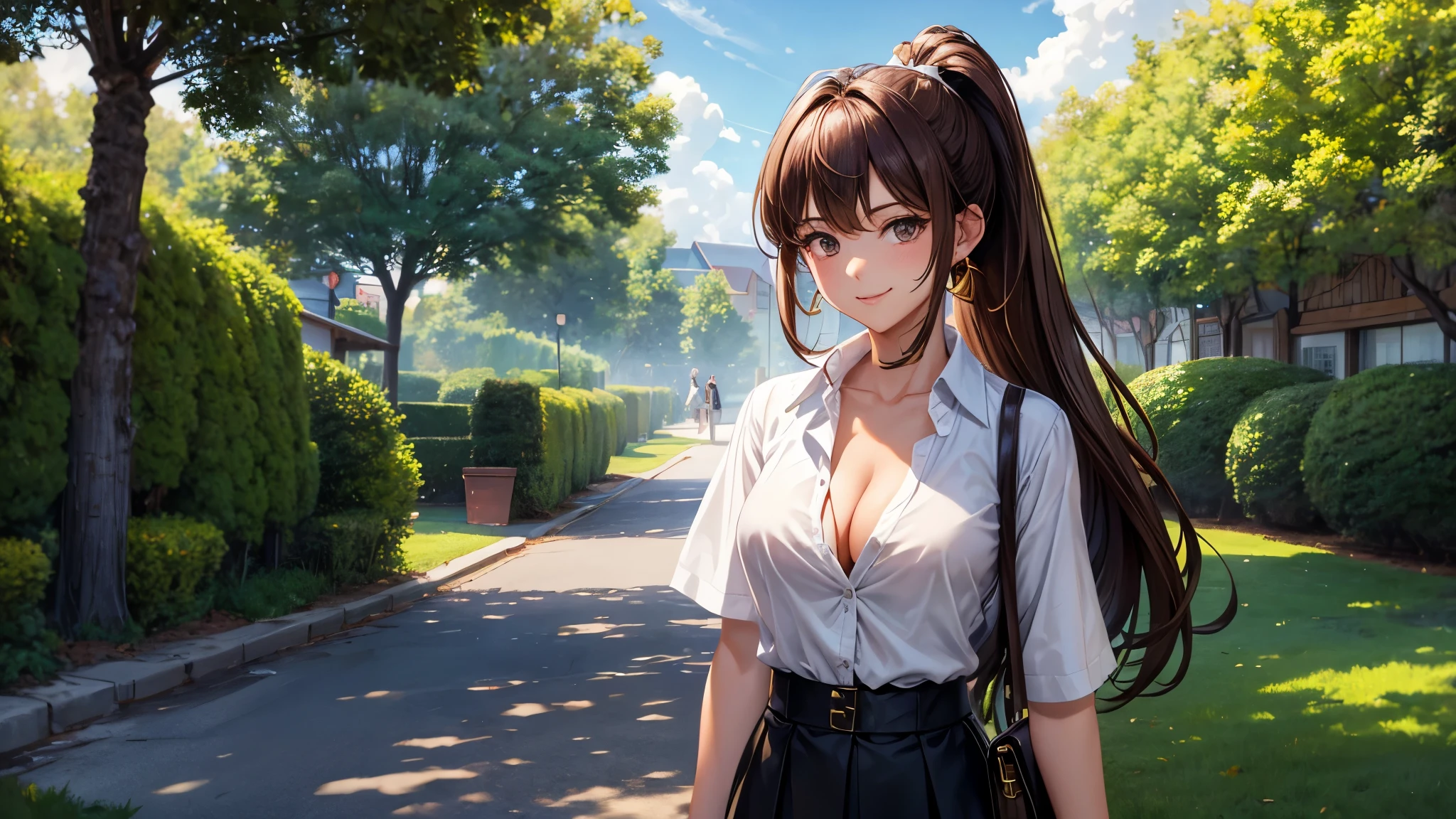 1girl, full body, solo, summer, village, trees, sun, clouds, ((brown hair)), ponytail, large breasts, ((black blazer)), button down shirt, ((white shirt)), ((short sleeved shirt)), ((unbuttoned shirt)), unbuttoning buttons, cleavage 1:3, brown eyes, skirt, smile, looking at the viewer, standing, hair ribbon, golden necklate, shoulder bag