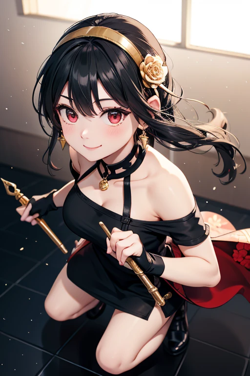 Anime style beutiful woman, 1girl,fullbody, happy, (with sparkling eyes and a contagious smile:1.2), red face, closed mouth, beautiful detailed eyes, super detailed skin, backlighting, bare shoulders, black background, black dress, black gloves, black hair, breasts, dress, earrings, fingerless gloves, floating hair, floral print, flower, gloves, gold earrings, gold hairband, hair flower, hair ornament, hairband, holding, holding weapon, jewelry, large breasts, long hair, looking at viewer, off-shoulder dress, off shoulder,red eyes, short hair with long locks, sidelocks, solo, spikes, thighs, two-sided dress, two-sided fabric, weapon, fighting stance , face, close up, from above, highest quality, high resolution,Real World, Natural light,perfect Natural light,looking at viewer,