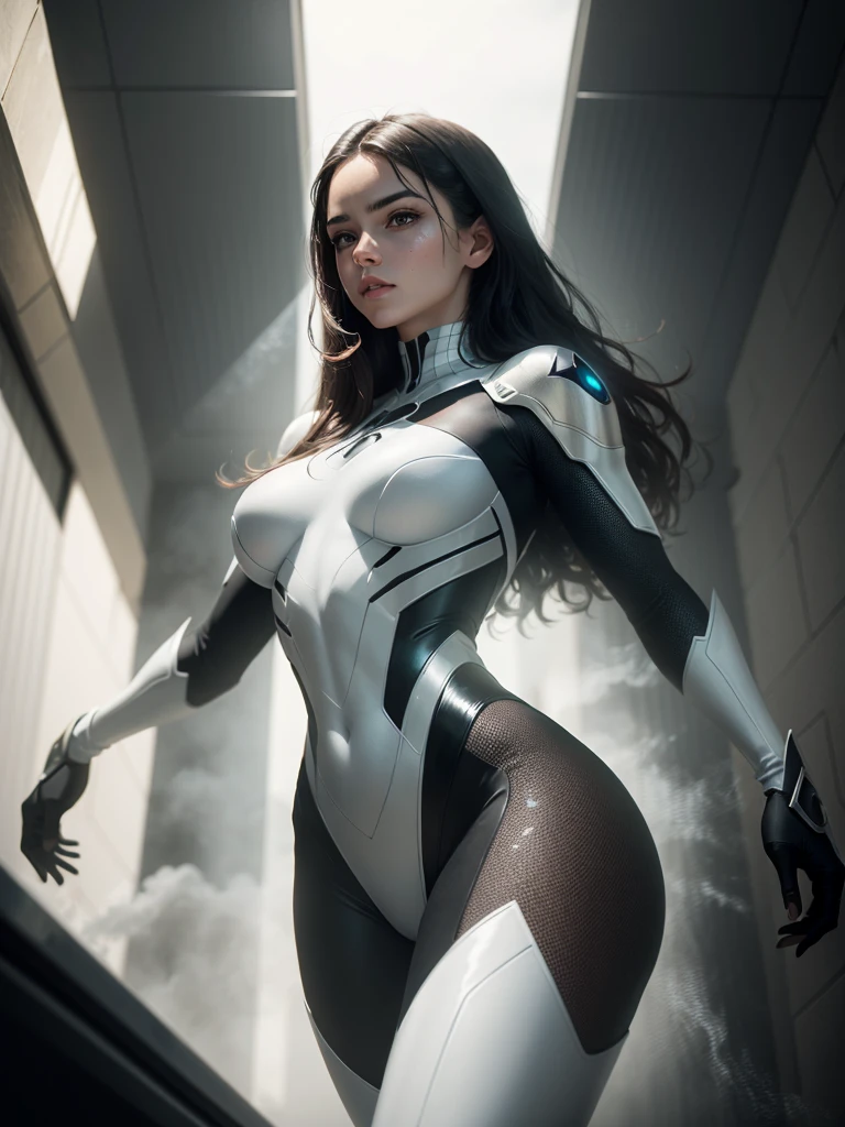 RAW, Masterpiece, Super Fine Photo,, Best Quality, Ultra High Resolution, Photorealistic Photorealism, Sunlight, Full Body Portrait, Amazing Beauty,,Dynamic Pose,Delicate Face,Vibrant Eyes,(From the side), She Wears Futuristic White Spider-Man costume, Very Detailed Background, Detailed Face, Detailed Complex Busy Background, Messy, Gorgeous, Milky White, Highly Detailed Skin, Realistic Skin Details, Visible Pores, Sharp Focus, Volumetric Fog, 8K UHD, DSLR, High Quality, Film grain, fair skin, photorealism, lomography, sprawling metropolis in futuristic dystopia, seen from below, translucent