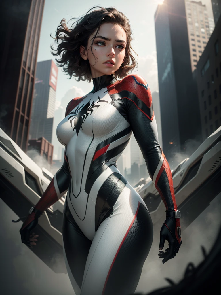 RAW, Masterpiece, Super Fine Photo,, Best Quality, Ultra High Resolution, Photorealistic Photorealism, Sunlight, Full Body Portrait, Amazing Beauty,,Dynamic Pose,Delicate Face,Vibrant Eyes,(From the side), She Wears Futuristic White Spider-Man costume, Very Detailed Background, Detailed Face, Detailed Complex Busy Background, Messy, Gorgeous, Milky White, Highly Detailed Skin, Realistic Skin Details, Visible Pores, Sharp Focus, Volumetric Fog, 8K UHD, DSLR, High Quality, Film grain, fair skin, photorealism, lomography, sprawling metropolis in futuristic dystopia, seen from below, translucent