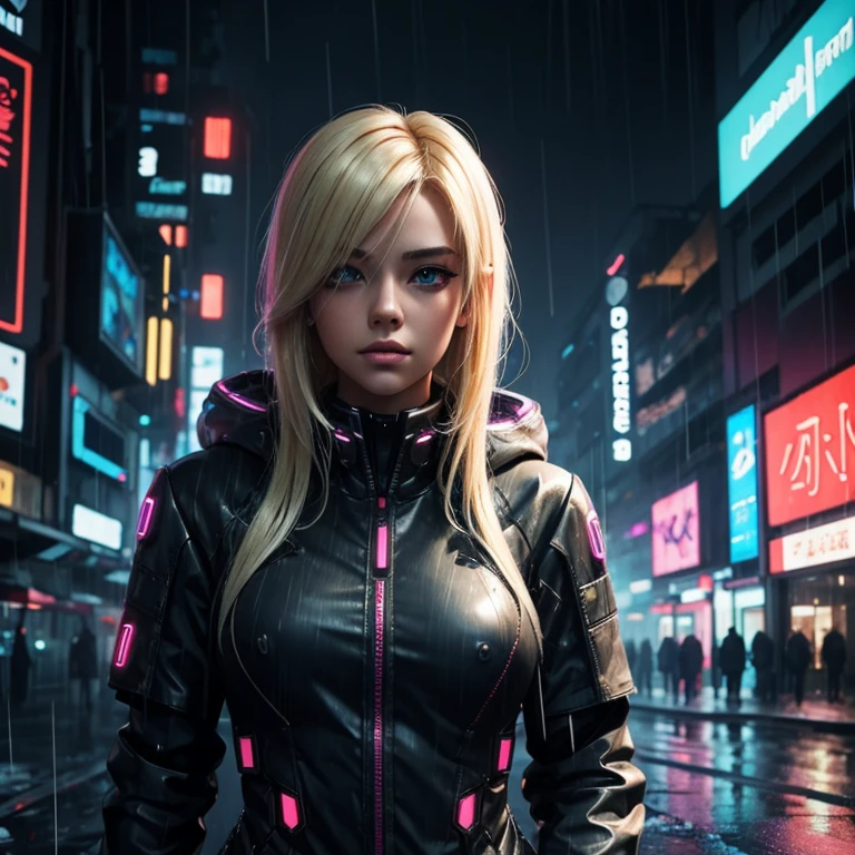 beautiful girl cybermech,blonde ,ash hair,in the rain,cyberpunk realism,Neon