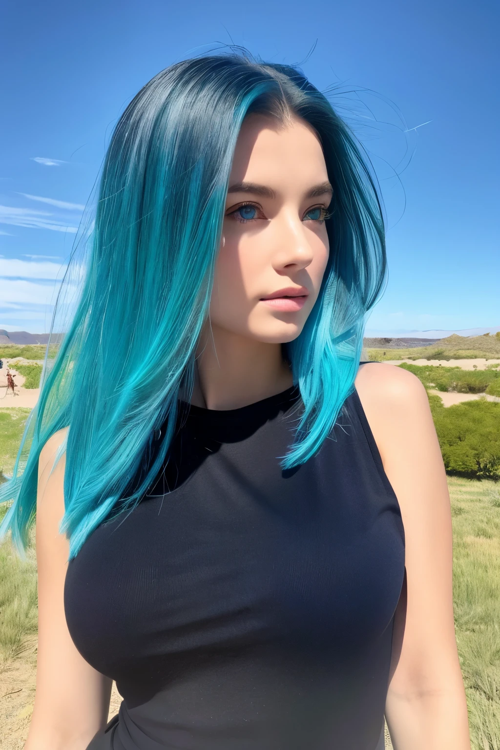 8k, highest quality, masterpiece:1.2),(highest quality:1.0),Very beautiful French girl、Blue T-shirt、Black Pants、Green Eyes、Silver Hair、blue sky、Uluru