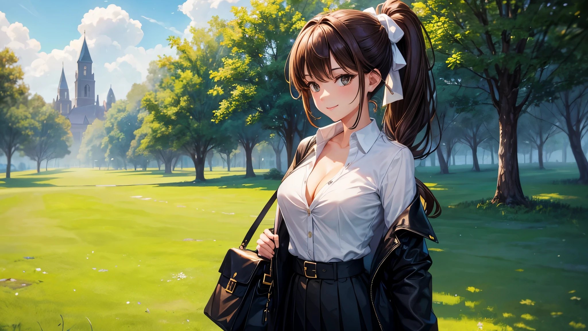 1girl, full body, solo, summer, village, trees, sun, clouds, ((brown hair)), ponytail, large breasts, ((black blazer)), button down shirt, ((white shirt)), ((short sleeved shirt)), ((unbuttoned shirt)), unbuttoning buttons, cleavage 1:3, brown eyes, skirt, smile, looking at the viewer, standing, hair ribbon, golden necklate, shoulder bag