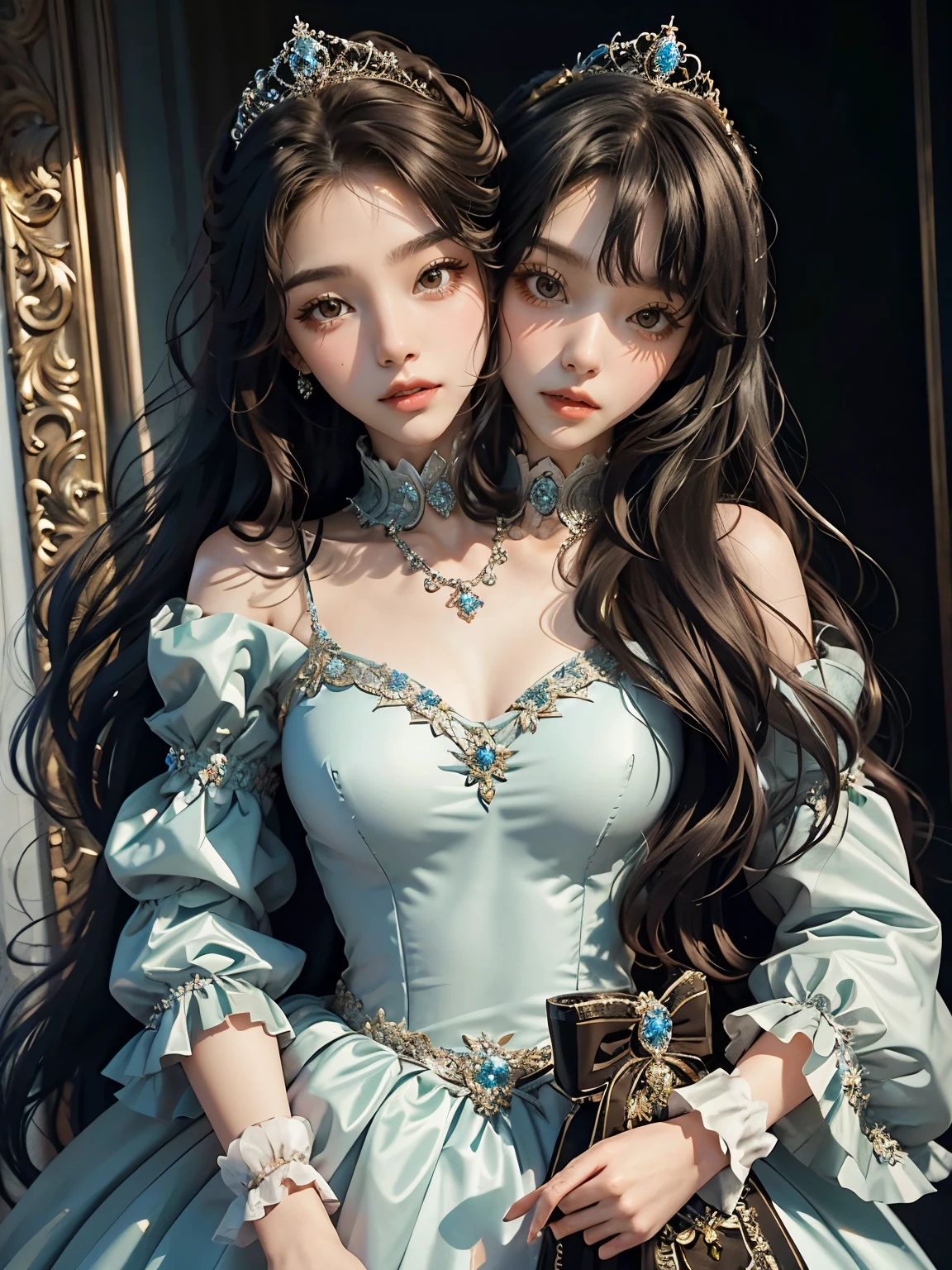 bestresolution, (2heads:1.2), princesses, tiaras on head, ballgown, princess dress, large dress,