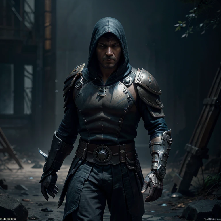 A (full body:1.3) shot at 8k resolution, splash art, fantastic comic book style, photorealistic, intense look, anatomical photorealistic digital painting portrait of a (middle age male:1.3) human (warrior:1.3) in blue grey Assassin's creed hood with hidden face in a (dark and moody universe:1.3), light particle, very detailed skin,samurai, very detailed eyes, (elden ring style:1.1), (warhammer style:1.4), concept artist, global illumination, depth of field, splash art, art by artgerm and greg rutkowski and viktoria gavrilenko
