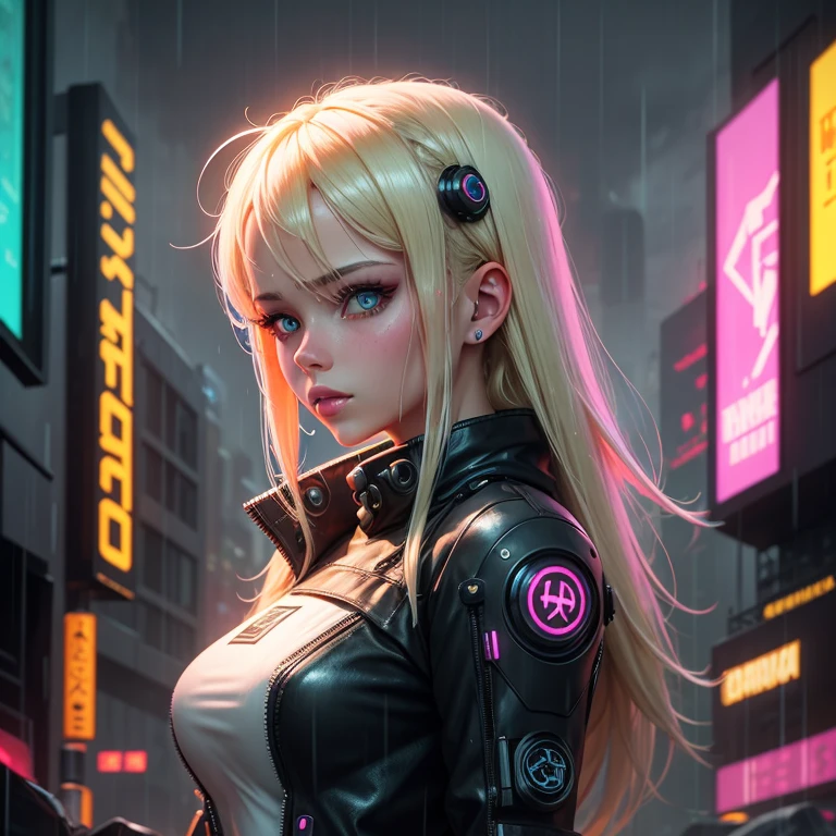 beautiful girl cybermech,blonde ,ash hair,in the rain,cyberpunk realism,Neon