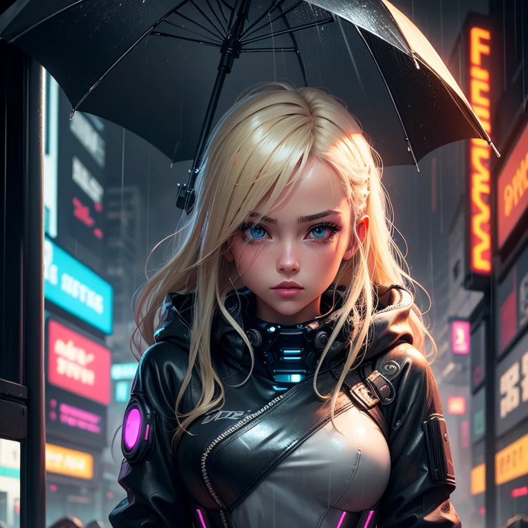 beautiful girl cybermech,blonde ,ash hair,in the rain,cyberpunk realism,Neon