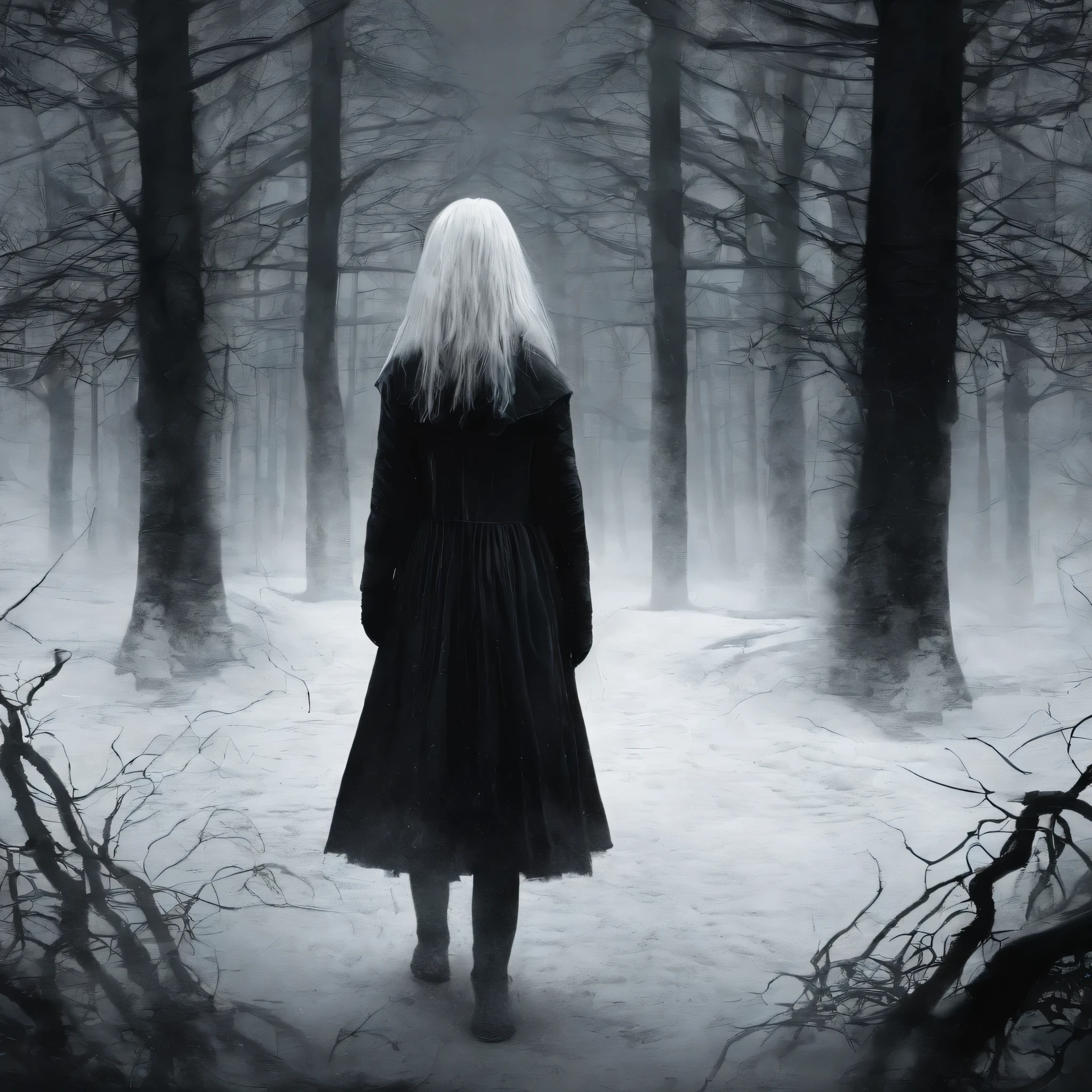 (2 Girls:1.2), Walking Alone, Snowy night,((Dark Forest)),, A blonde, White hair, ((Black dress)), Age 11 years.