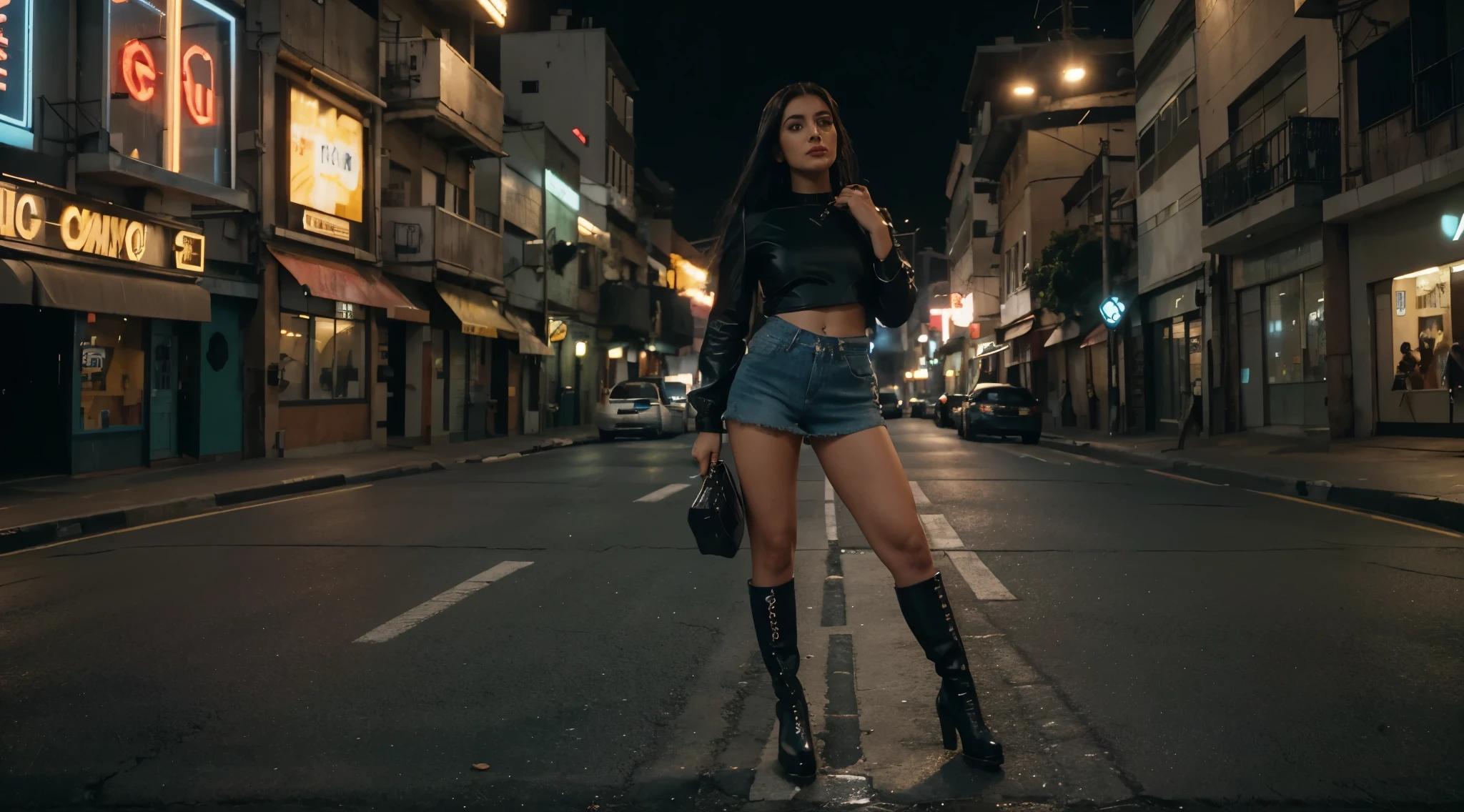 Garota loira de 19 anos, standing, ereta, standing on her feet, standing, muito bonita, athletic, cabelos loiros, olhos azuis, Red lips, usando short denim skirt, saia muito curta, pernas grossas, pernas bonitas, cintura estreita, abdome exposto, umbigo exposto, botas de coxa de couro preto, saia denim curta, minissaia jeans, mini-saia, saia curta azul, cinto de couro preto, seios pequenos, pele de porcelana, The girl is wearing a black leather choker, the girl is wearing black leather boots, botas de coxa de couro preto, The girl is standing on a street in a cyberpunk city, cidade cyberpunk futurista, estilo blade runner, cena noturna, luzes da cidade, saia muito curta, micro-saia.
