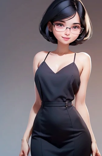 (masterpiece), (8k, best quality, high resolution), (ultra-detailed, realistic), (anatomically correct),  

((from head to thighs)), (Standing), (No background),
(1woman),  (looking at viewer), 
(A Japanese woman, 30 years old and 155cm tall),  

(black hair), (straight hair), (short hair style), (bob cut), (hair behind ears), 
((she wears glasses with black cell-frame frames)), 
((Simple design navy blue mini length spaghetti strap dress)), 

(Create a detailed image of the eye), 
(Her impression is pure, clean and kind.), 
((A captivating smile, just showing a few teeth.)), 　 
