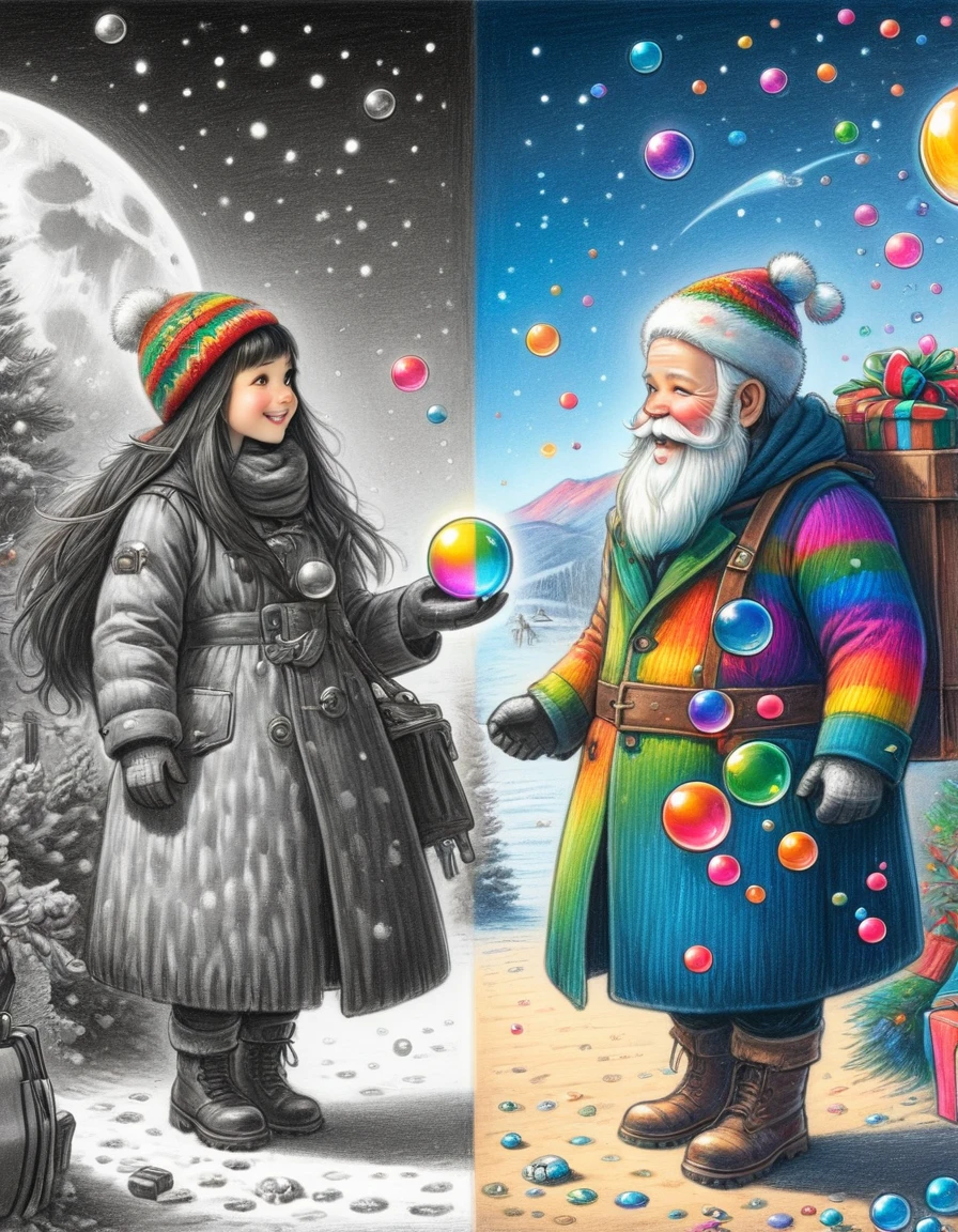 1hbgd1, Wear Christmas costumes，A mecha figure with a big white beard, rainbow bubbles, Fleeting beauty, Sparkling colors, Playful Atmosphere, Exquisite sphere，The artwork should transition from a pencil drawing style in black and white on the left half to vibrant colors on the right half, Ensure a seamless integration between the two halves without any dividing line, The scene is identical on both sides, with the left side featuring detailed black and white pencil strokes and the right side filled with colors, creating a harmonious blend across the image