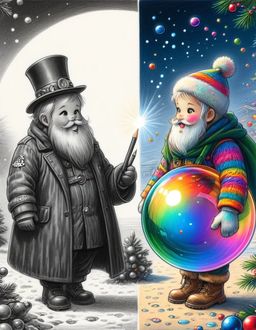 1hbgd1, Wear Christmas costumes，A mecha figure with a big white beard, rainbow bubbles, Fleeting beauty, Sparkling colors, Playful Atmosphere, Exquisite sphere，The artwork should transition from a pencil drawing style in black and white on the left half to vibrant colors on the right half, Ensure a seamless integration between the two halves without any dividing line, The scene is identical on both sides, with the left side featuring detailed black and white pencil strokes and the right side filled with colors, creating a harmonious blend across the image