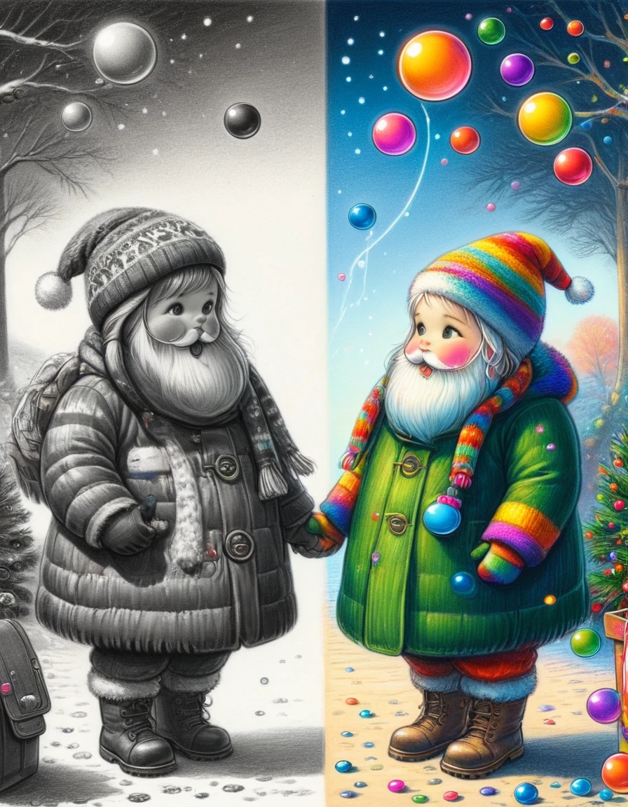 1hbgd1, Wear Christmas costumes，A mecha figure with a big white beard, rainbow bubbles, Fleeting beauty, Sparkling colors, Playful Atmosphere, Exquisite sphere，The artwork should transition from a pencil drawing style in black and white on the left half to vibrant colors on the right half, Ensure a seamless integration between the two halves without any dividing line, The scene is identical on both sides, with the left side featuring detailed black and white pencil strokes and the right side filled with colors, creating a harmonious blend across the image