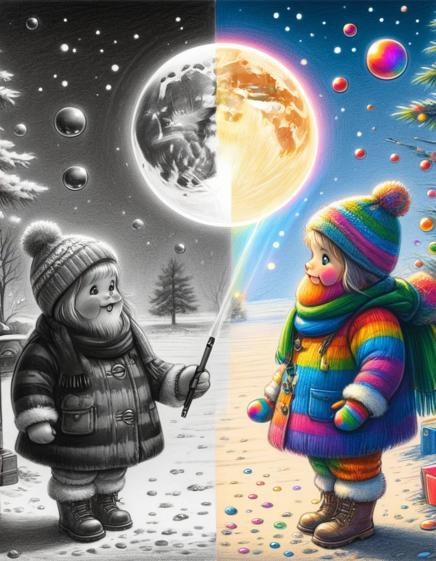 1hbgd1, Wear Christmas costumes，A mecha figure with a big white beard, rainbow bubbles, Fleeting beauty, Sparkling colors, Playful Atmosphere, Exquisite sphere，The artwork should transition from a pencil drawing style in black and white on the left half to vibrant colors on the right half, Ensure a seamless integration between the two halves without any dividing line, The scene is identical on both sides, with the left side featuring detailed black and white pencil strokes and the right side filled with colors, creating a harmonious blend across the image