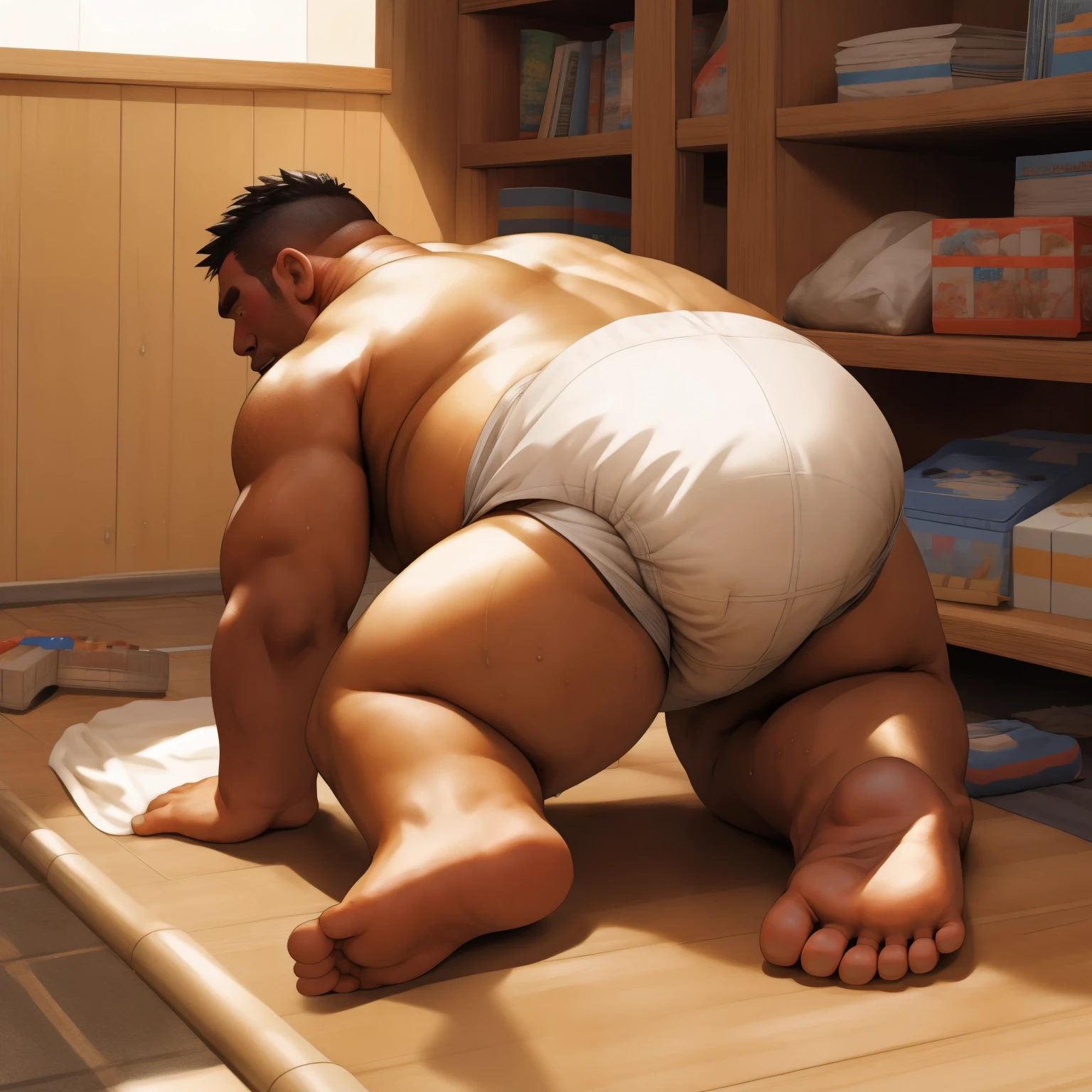 masterpiece, Top quality, in 32K, perfect anatomy, hyper detailed, photo realistic, super fine illustration, The thick man is retarded, hairy, human, asian, solo, 50yo, Bowleg, disappointment, incontinent, He crawl and sobbing at playroom in kindergarten, There is a small puddle under him, Naked, short legs, Bowleg, spread legs, wear a White cloth Diaper, White Diaper without pattern, Bare belly, Bare legs, Bare foots, Bare soles, Shirtless, wide forehead and short thinning hair, round face with stubble, Bare foots, Bare soles, shy, sobbing, sissy, Hold back tears, Drool, Round face, He is standing and look down in front of wet sheets, he is very remorseful, all fours, He surrounded by children, side view, Bare foots, big butt, White Diaper, There is a small puddle under him