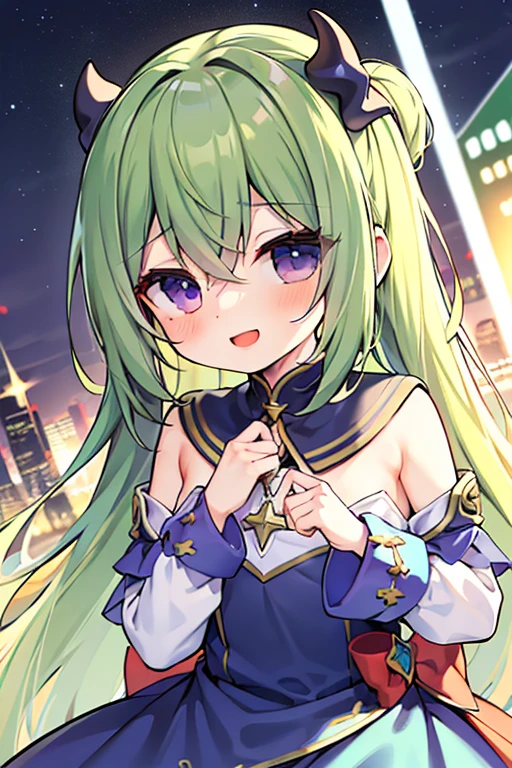 masterpiece, 最high quality, One girl, alone, Long Hair, View your viewers, (Dark green hair), ((Curly Hair)), Long Hair, ((Purple eyes)), smile, Laughter, Blue Magical Girl Dress, Magic stick, star stick,  With many stars, White background, Cross bag for elementary school students, 8k, Super Detail, masterpiece, high quality, High resolution, Attention to detail, High facial detail, HD quality, (((Detailed aspect))), ((Upper Body))