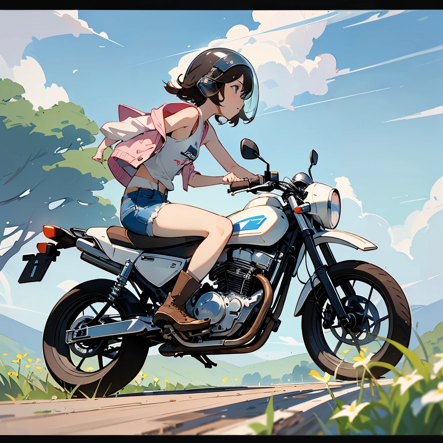 Highest quality、A girl is riding a white Super Cub、Dark brown short cut、(He is wearing a jet helmet with white and black lines running down the center of the helmet from front to back.、White tank top、Pink jacket、Denim shorts、White knee-high socks、Brown work boots:1.3)、Japanese countryside scenery、Road beside the stream、Small creek、Dirt Road、Weeds grow along the side of the road、Blue sky、White clouds floating、Early summer sky、