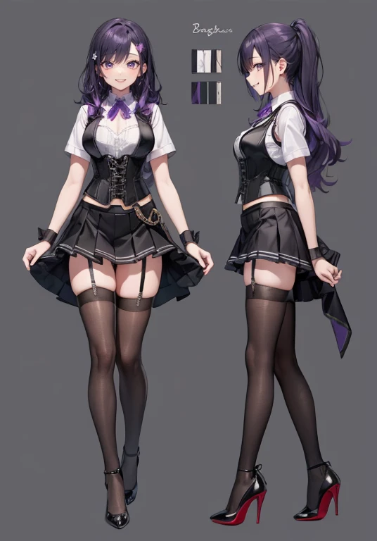 Purple hair,Long hair,Adult female,Bartender,((Body harness)),((black vest)),(Rolling up your sleeves shirt),(Corset),(skirt),Garter belt,High heels,((Simple background)),Smile,((Full body)),((whole body)),Character Sheet,