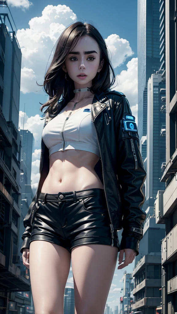 Lily Collins,tall and big，skin，Shorts，Black shorts，Buttons，zipper，Complex workmanship，icon，company logo，Emit blue light，background，Future Technology，Cyberpunk City，，big gear，wind，Blue sky and white clouds，