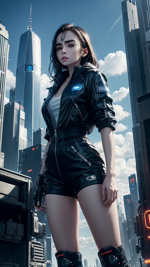 Lily Collins,tall and big，skin，Shorts，Black shorts，Buttons，zipper，Complex workmanship，icon，company logo，Emit blue light，background，Future Technology，Cyberpunk City，，big gear，wind，Blue sky and white clouds，