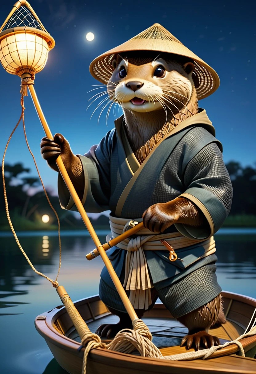 Anthropomorphic otter dressed as a Japanese fisherman, wearing a conical straw hat, Standing in a boat, throwing a net on a lake, photorealistic, in the moonlight, view from below looking up