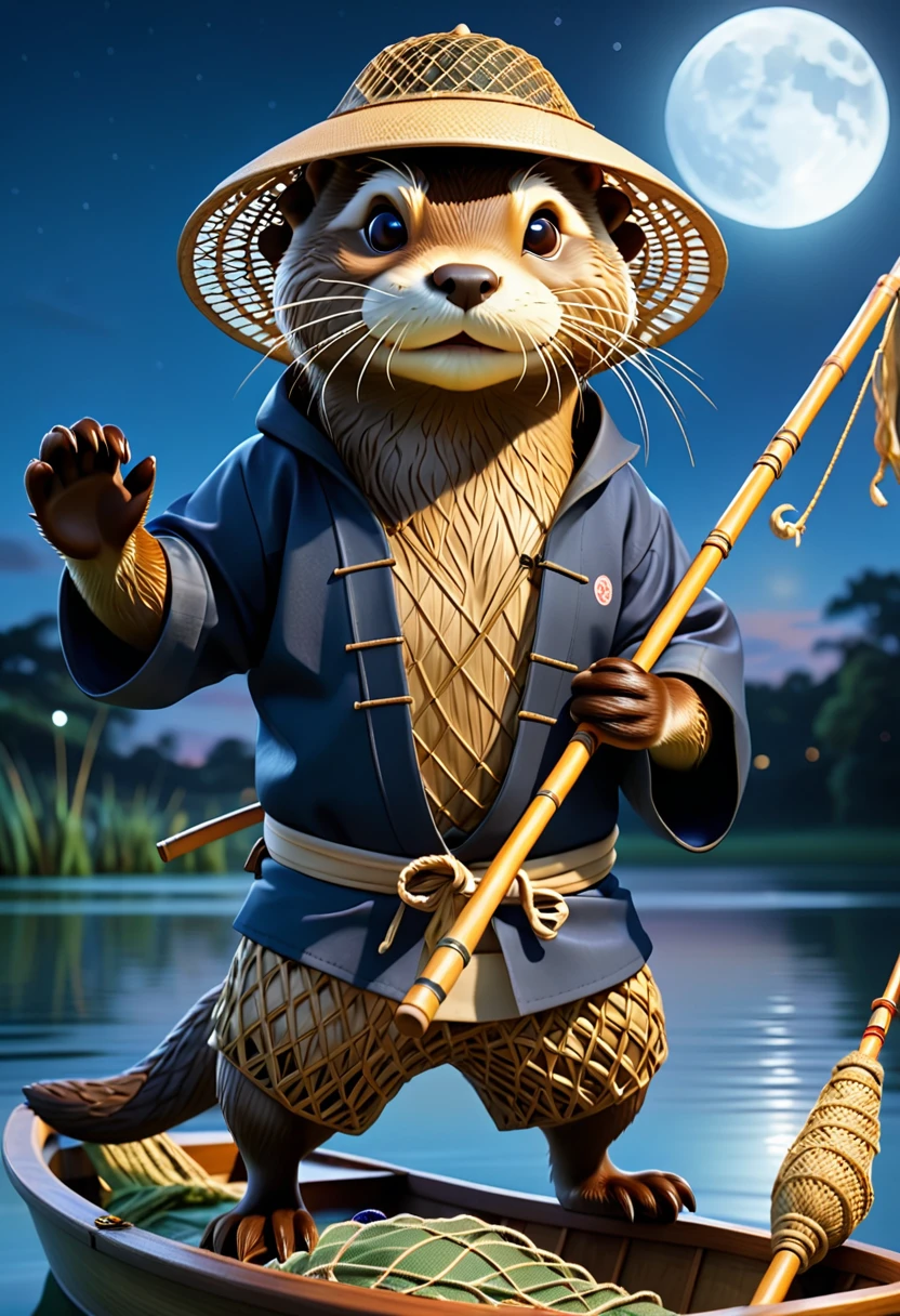 Anthropomorphic otter dressed as a Japanese fisherman, wearing a conical straw hat, Standing in a boat, throwing a net on a lake, photorealistic, in the moonlight, view from below looking up