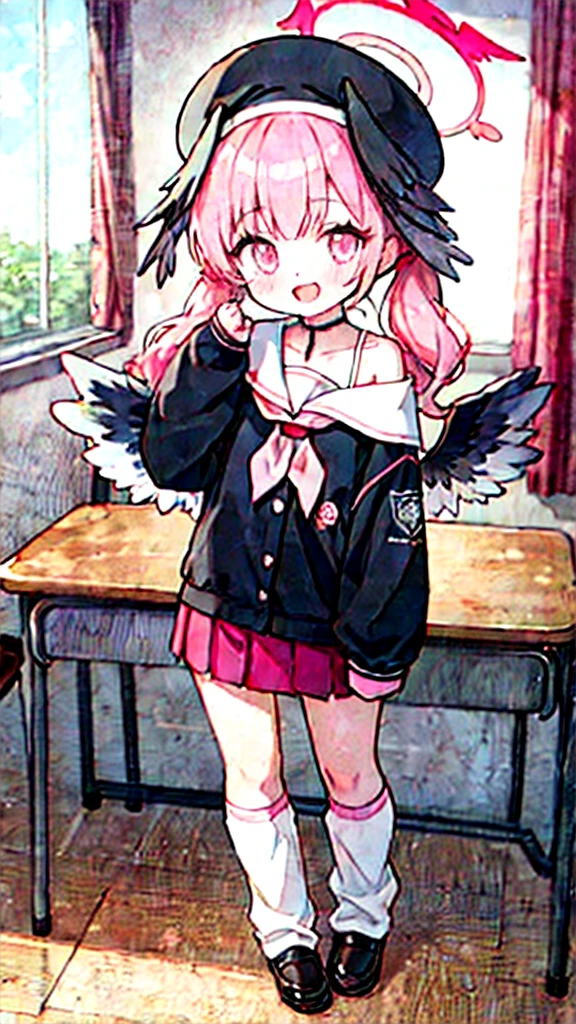 1girl, koharu \(blue archive\), twintails, halo, beret, head wings, low wings, pleated miniskirt, sleeves past wrists, sailor shirt, pink neckerchief, off shoulder, loose socks, loafers, standing, full body, looking at viewer, smile, open mouth, sunset, classroom, window, backlighting, depth of field